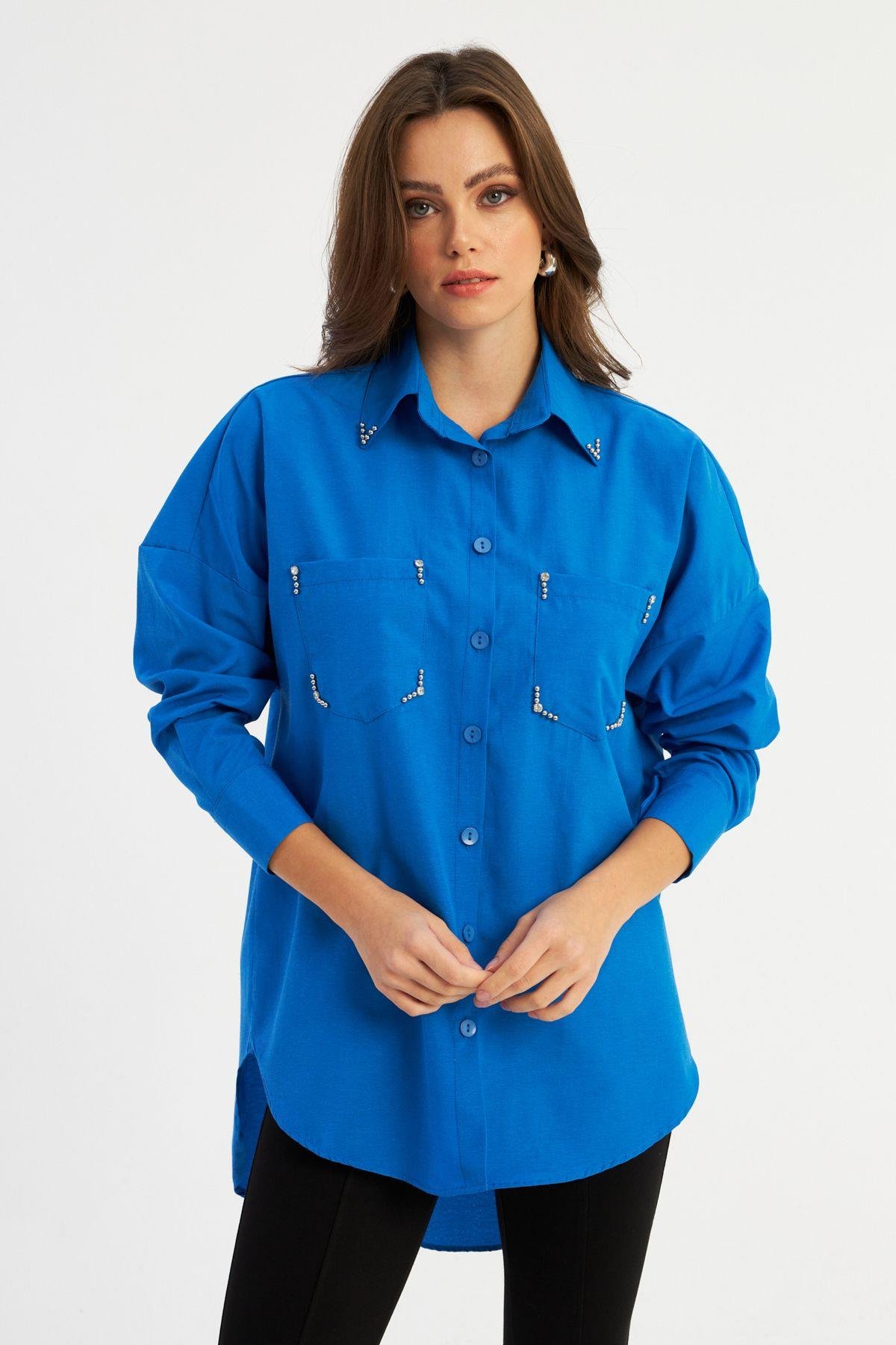 Kadın Saks Zımbalı Gömlek MASF2