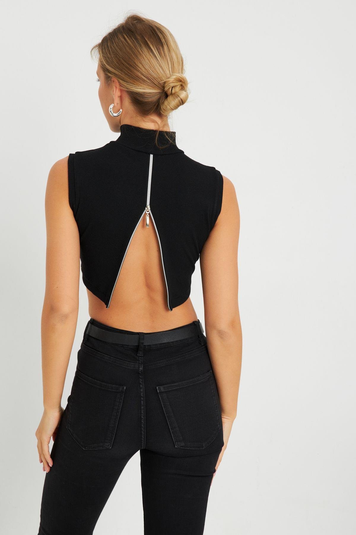 Kadın Sırt Fermuarlı Crop Bluz Siyah EY2730