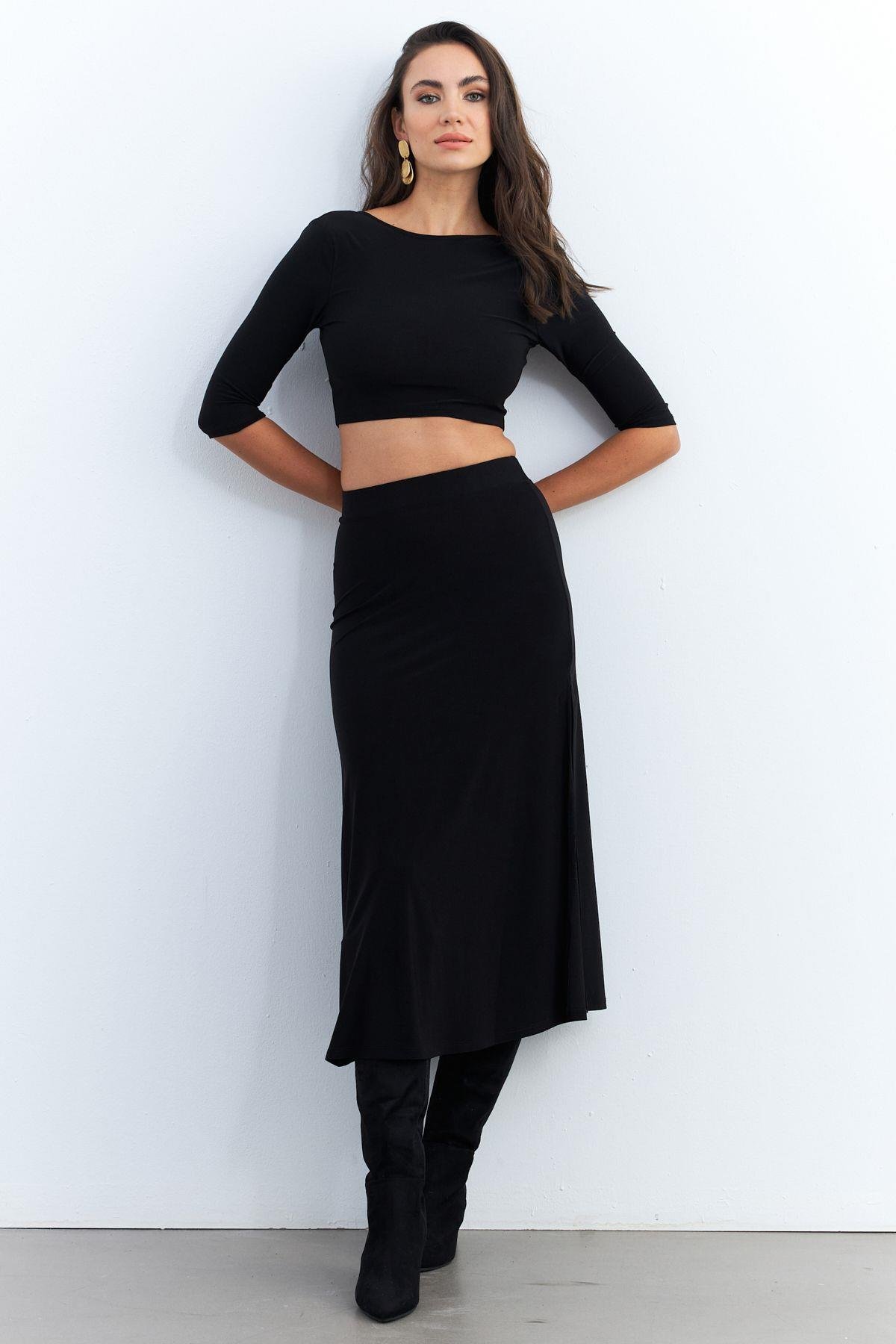Kadın Siyah Alt Üst Crop Etek Takım ELT3844