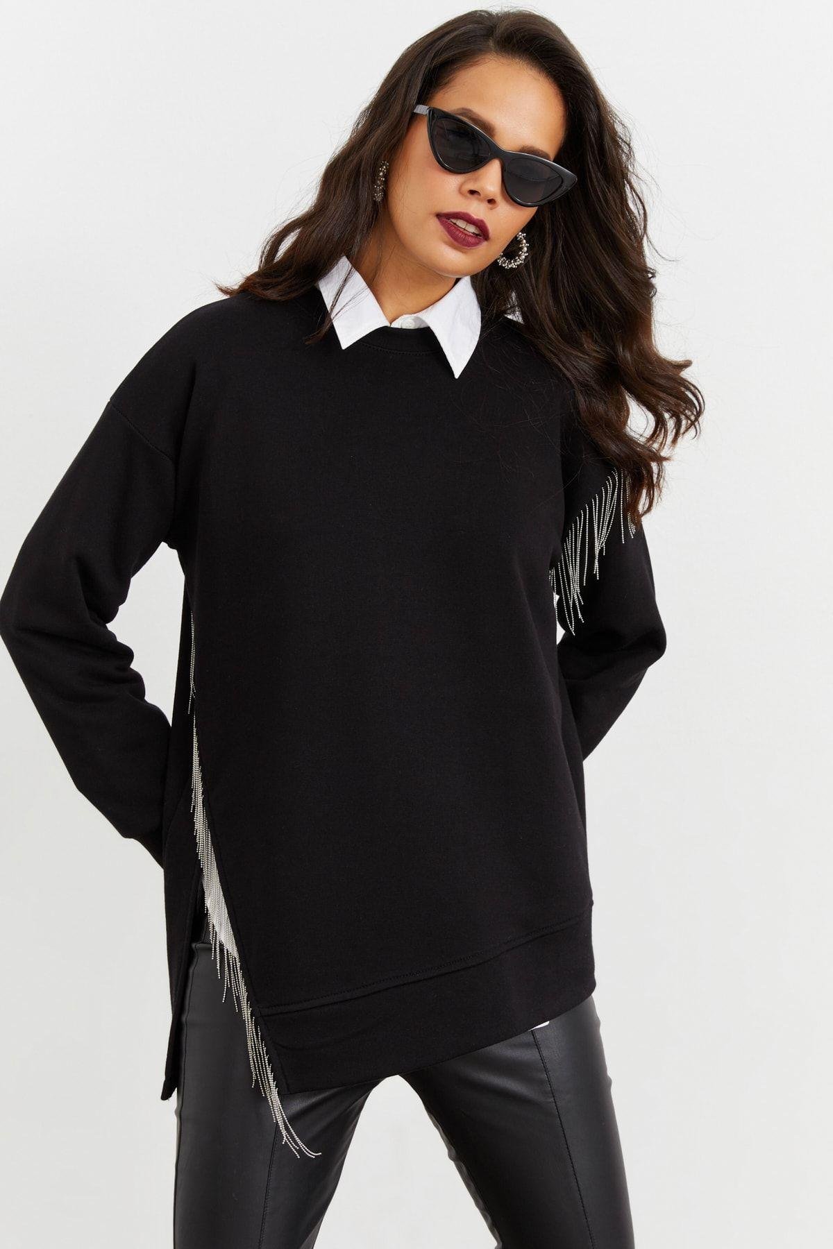 Kadın Siyah Asimetrik Sweatshirt BK1526
