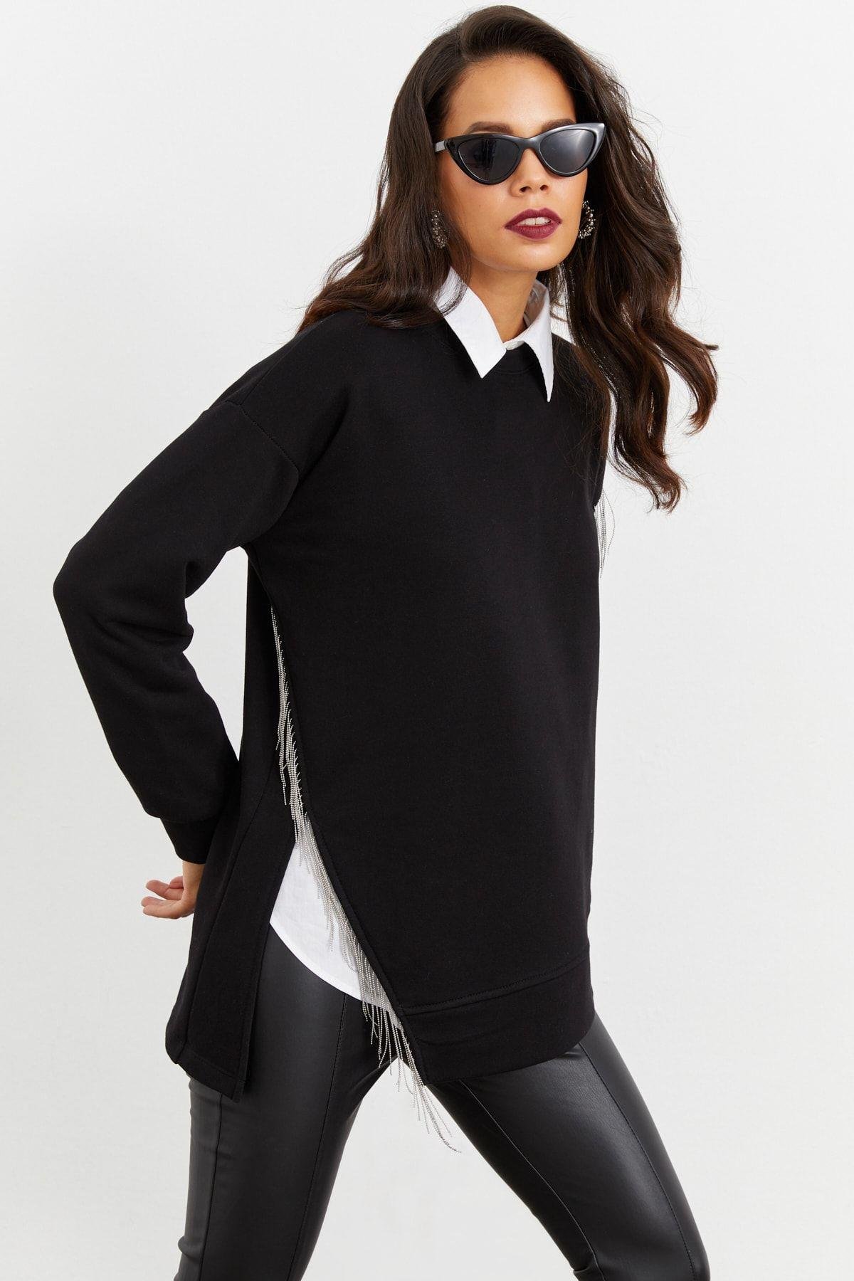 Kadın Siyah Asimetrik Sweatshirt BK1526