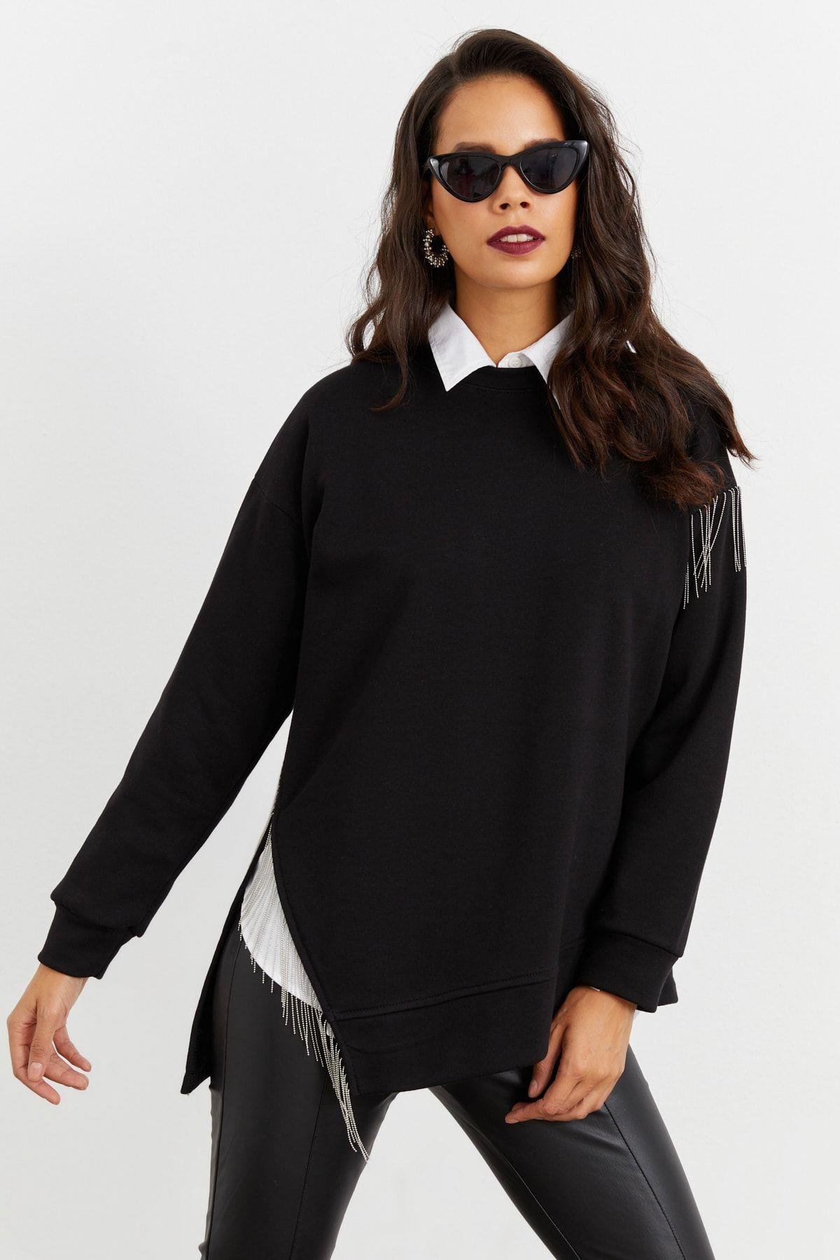 Kadın Siyah Asimetrik Sweatshirt BK1526