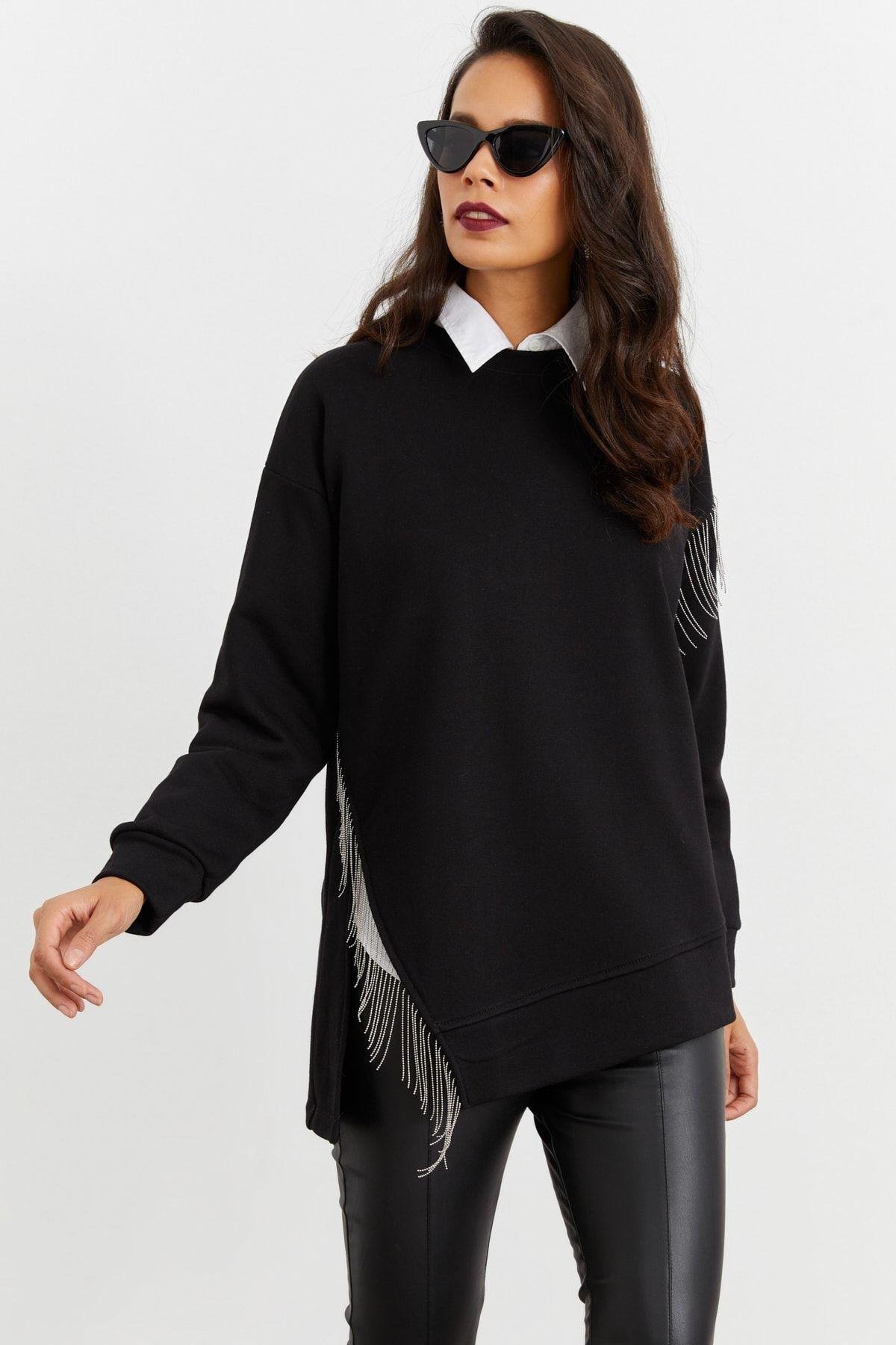 Kadın Siyah Asimetrik Sweatshirt BK1526