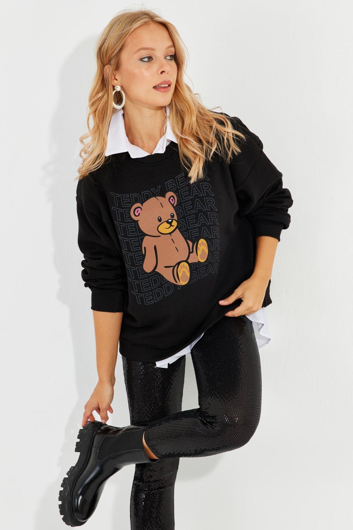Kadın Siyah Ayıcık Baskılı Sweatshirt ZM288