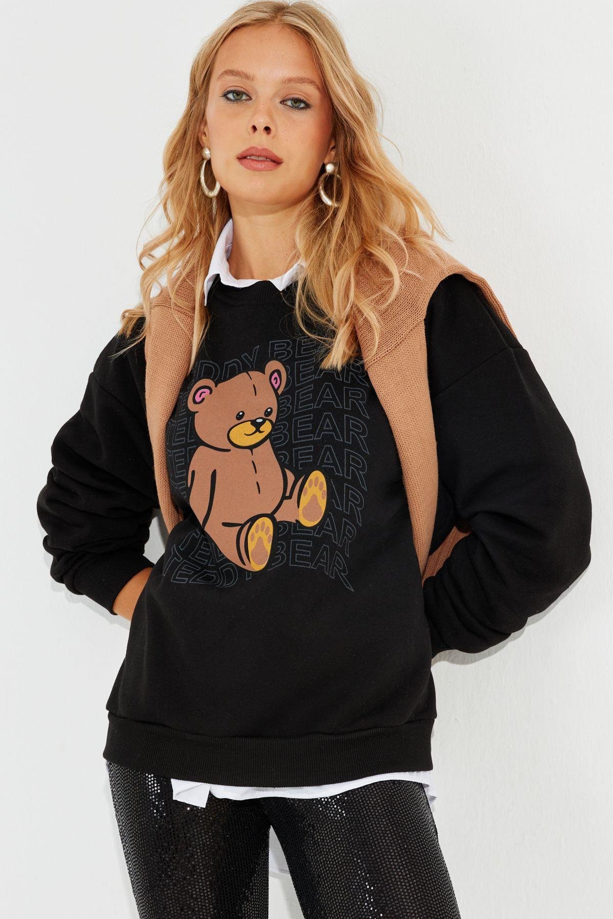 Kadın Siyah Ayıcık Baskılı Sweatshirt ZM288