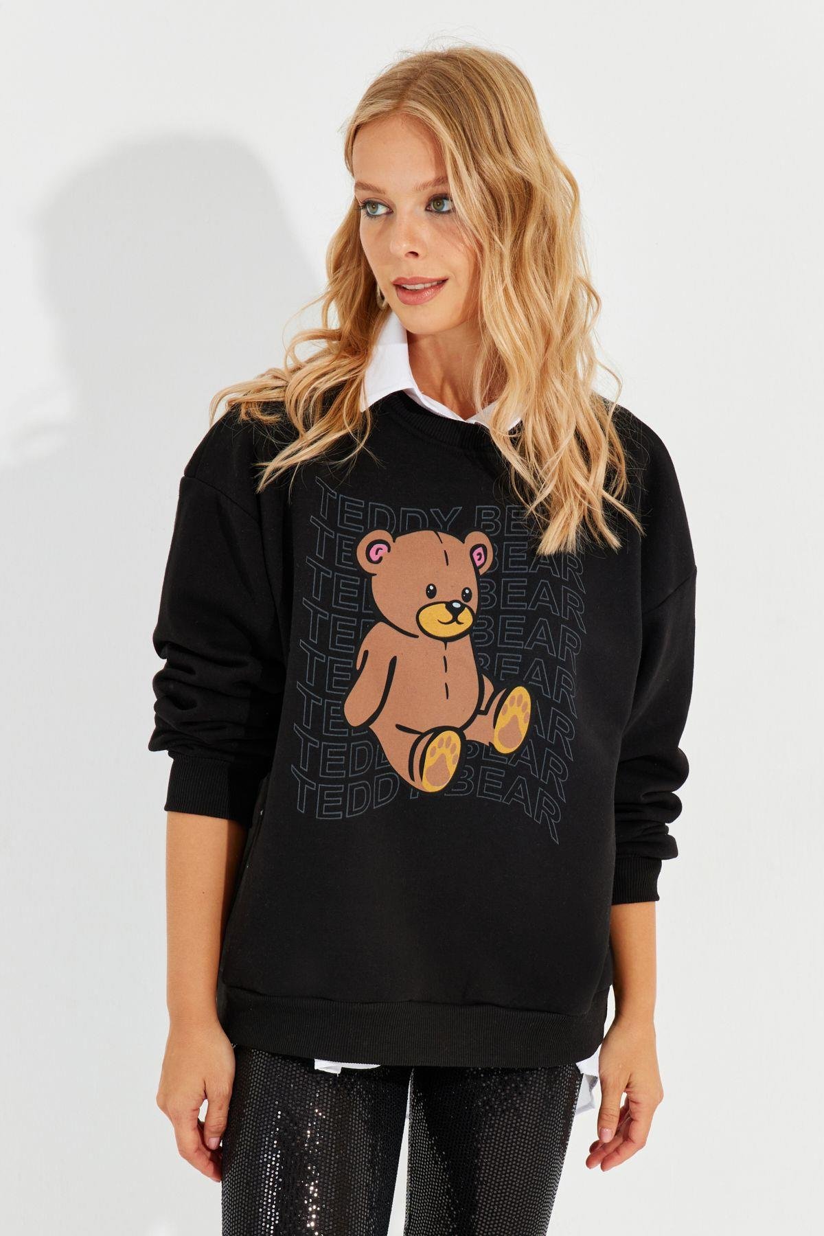 Kadın Siyah Ayıcık Baskılı Sweatshirt ZM288