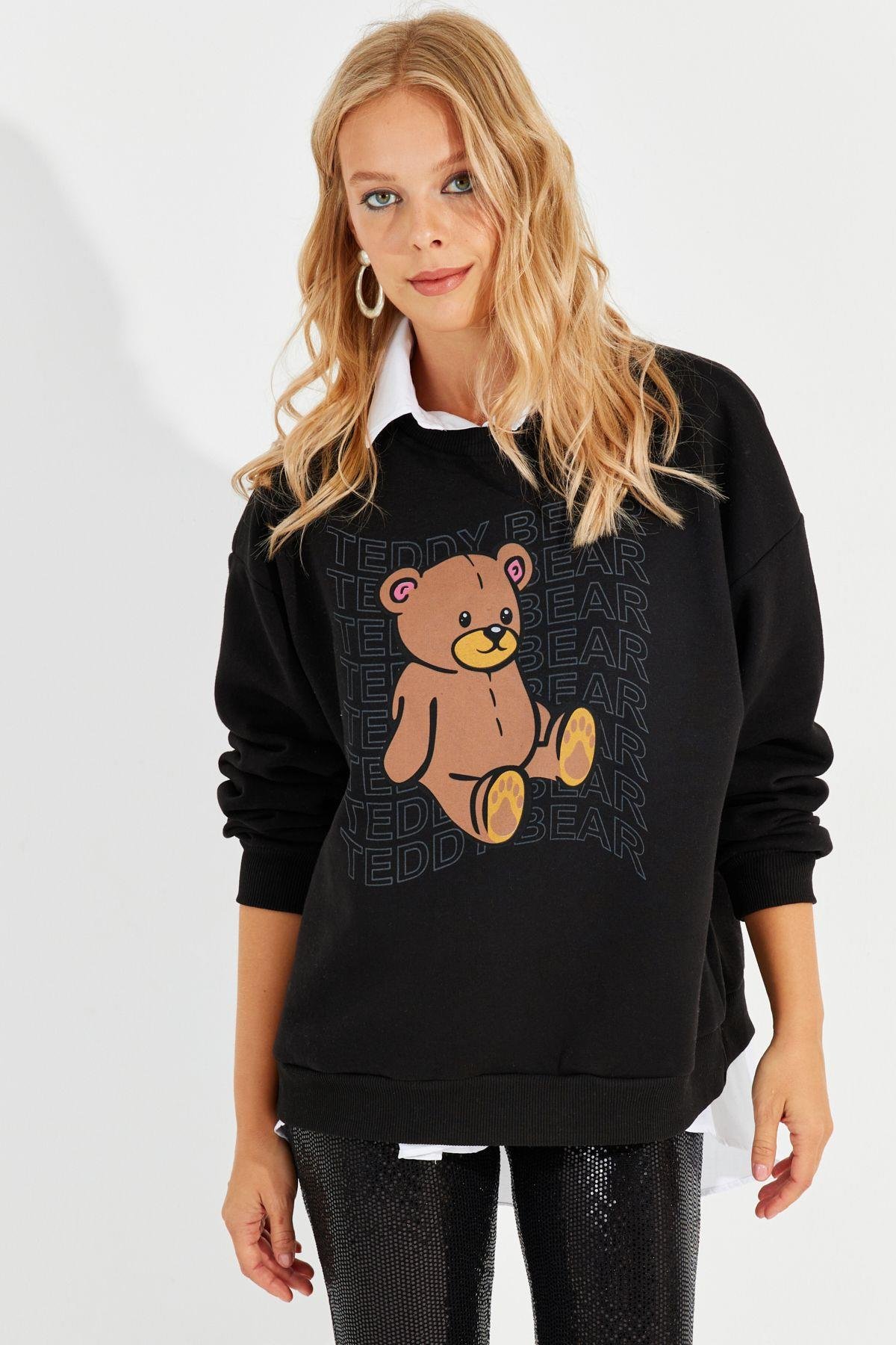 Kadın Siyah Ayıcık Baskılı Sweatshirt ZM288