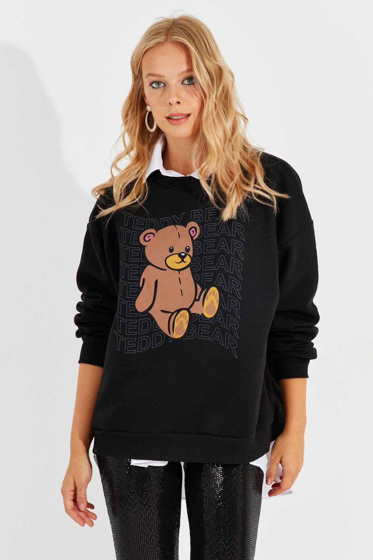 Kadın Siyah Ayıcık Baskılı Sweatshirt ZM288