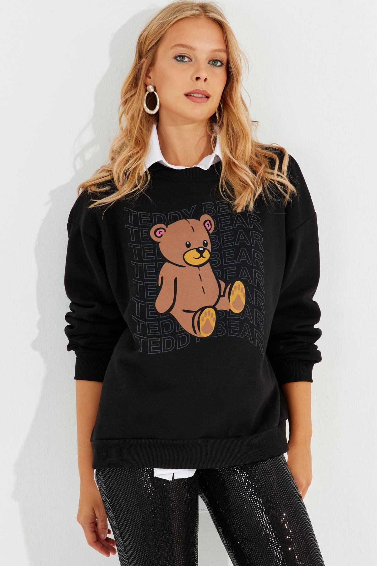 Kadın Siyah Ayıcık Baskılı Sweatshirt ZM288