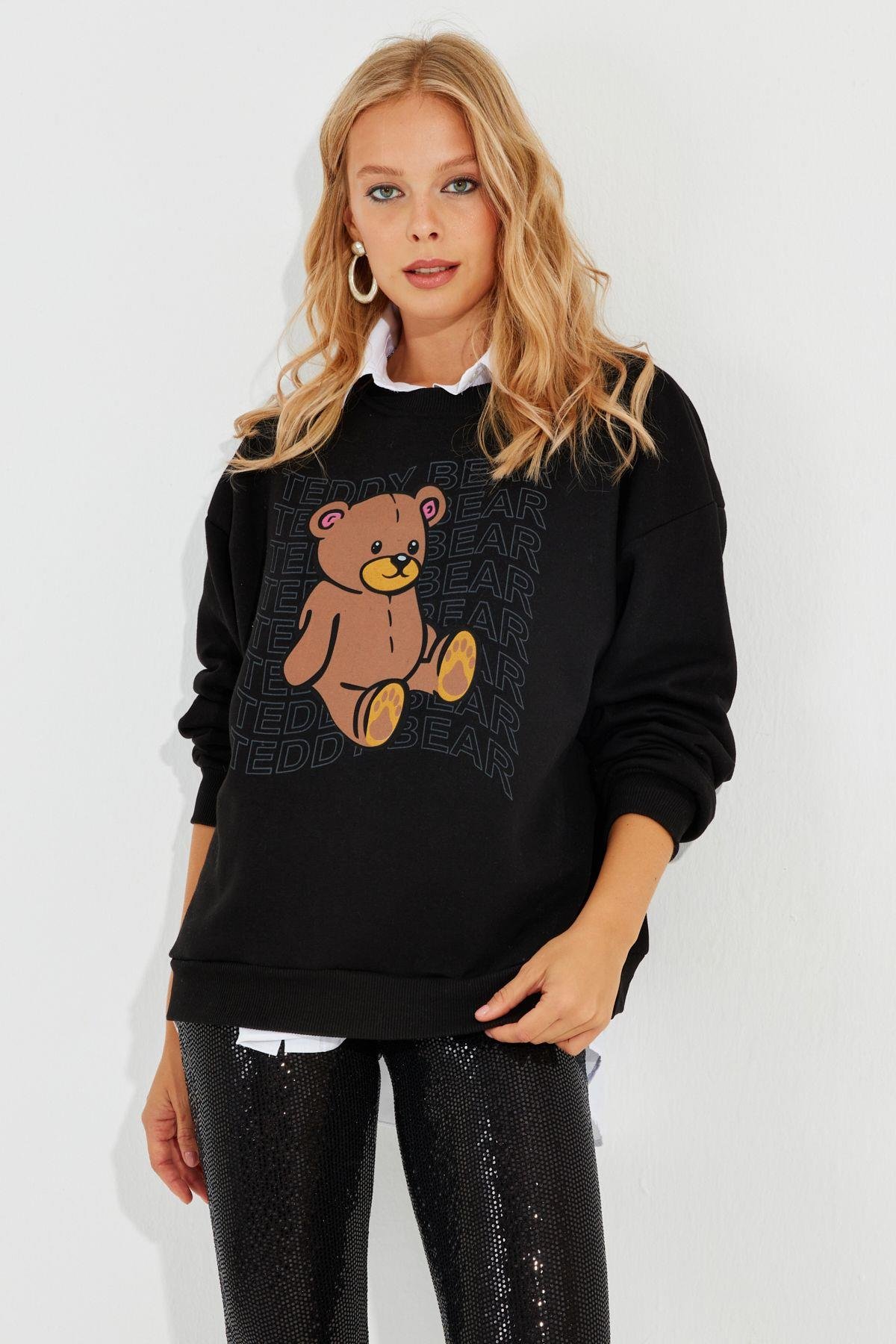 Kadın Siyah Ayıcık Baskılı Sweatshirt ZM288