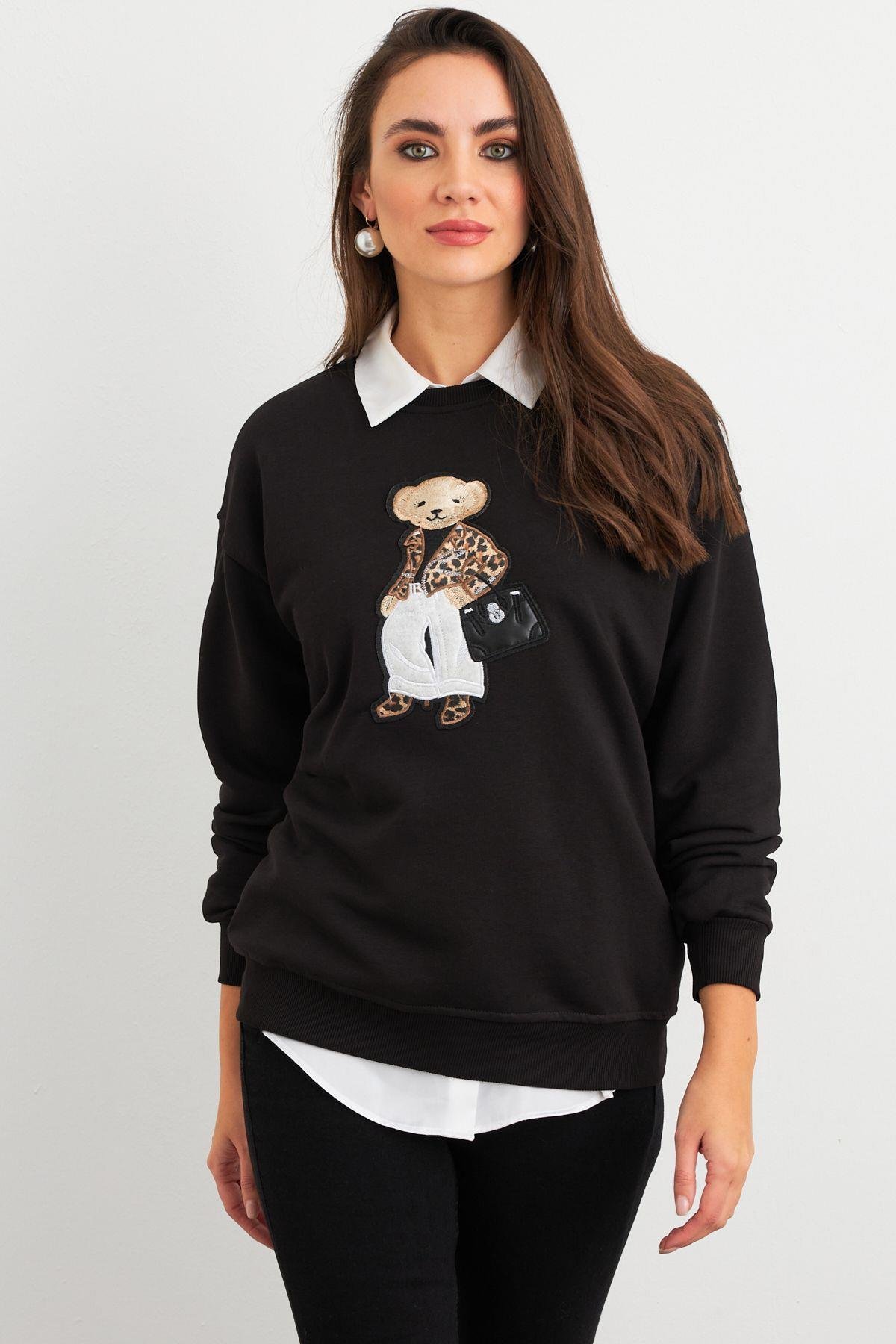 Kadın Siyah Ayıcık Nakışlı Sweatshirt PKA1590