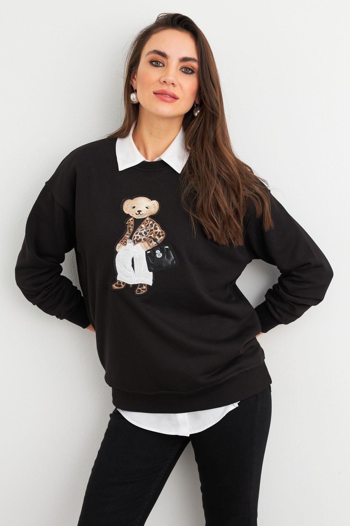 Kadın Siyah Ayıcık Nakışlı Sweatshirt PKA1590