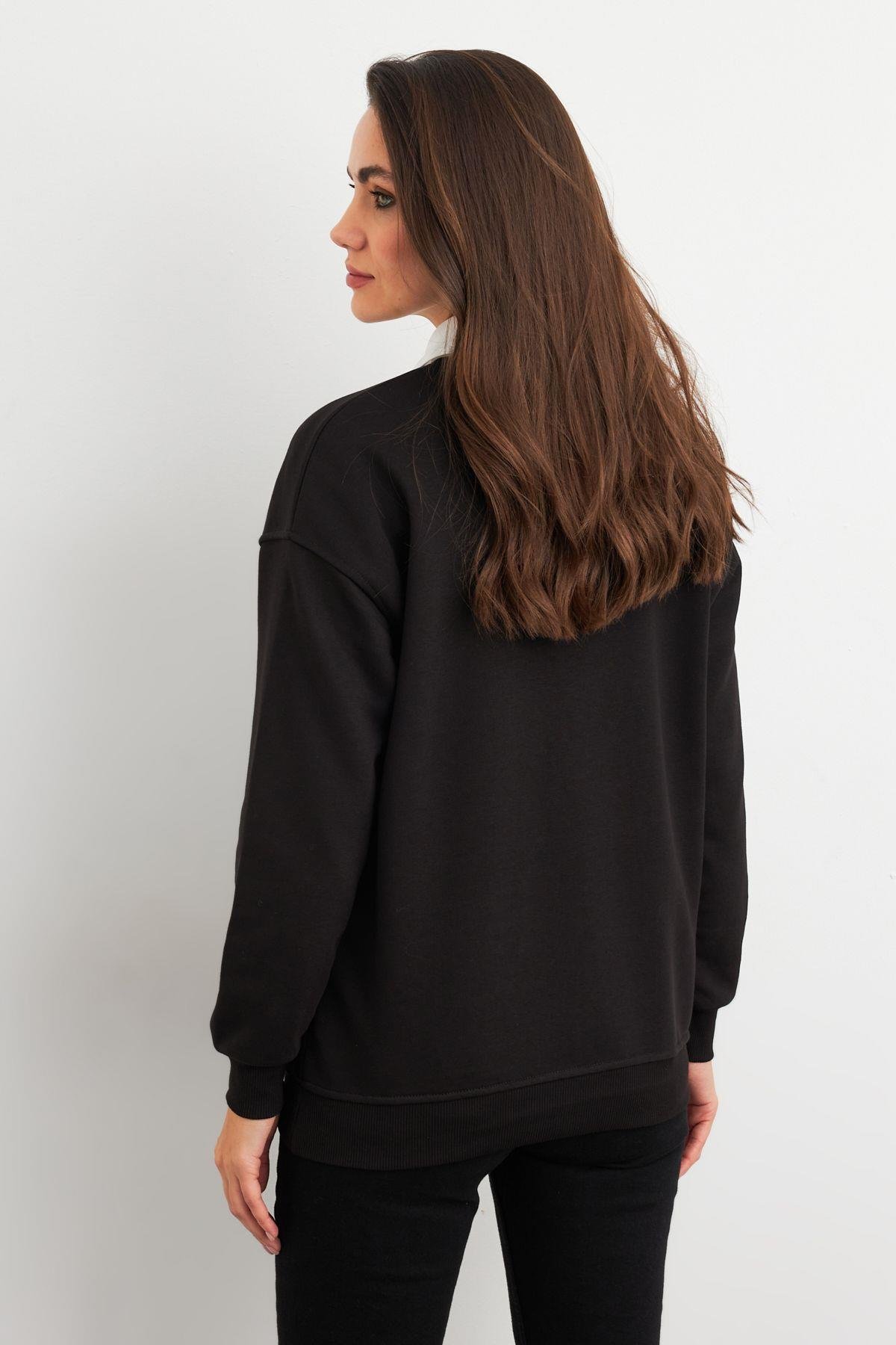 Kadın Siyah Ayıcık Nakışlı Sweatshirt PKA1590