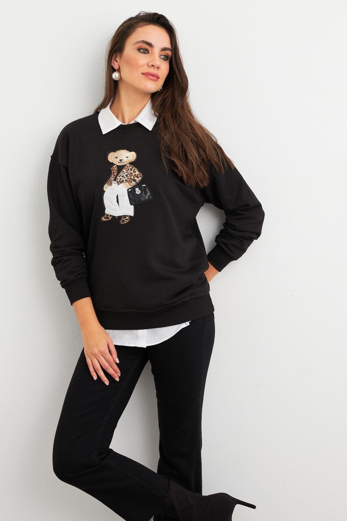 Kadın Siyah Ayıcık Nakışlı Sweatshirt PKA1590