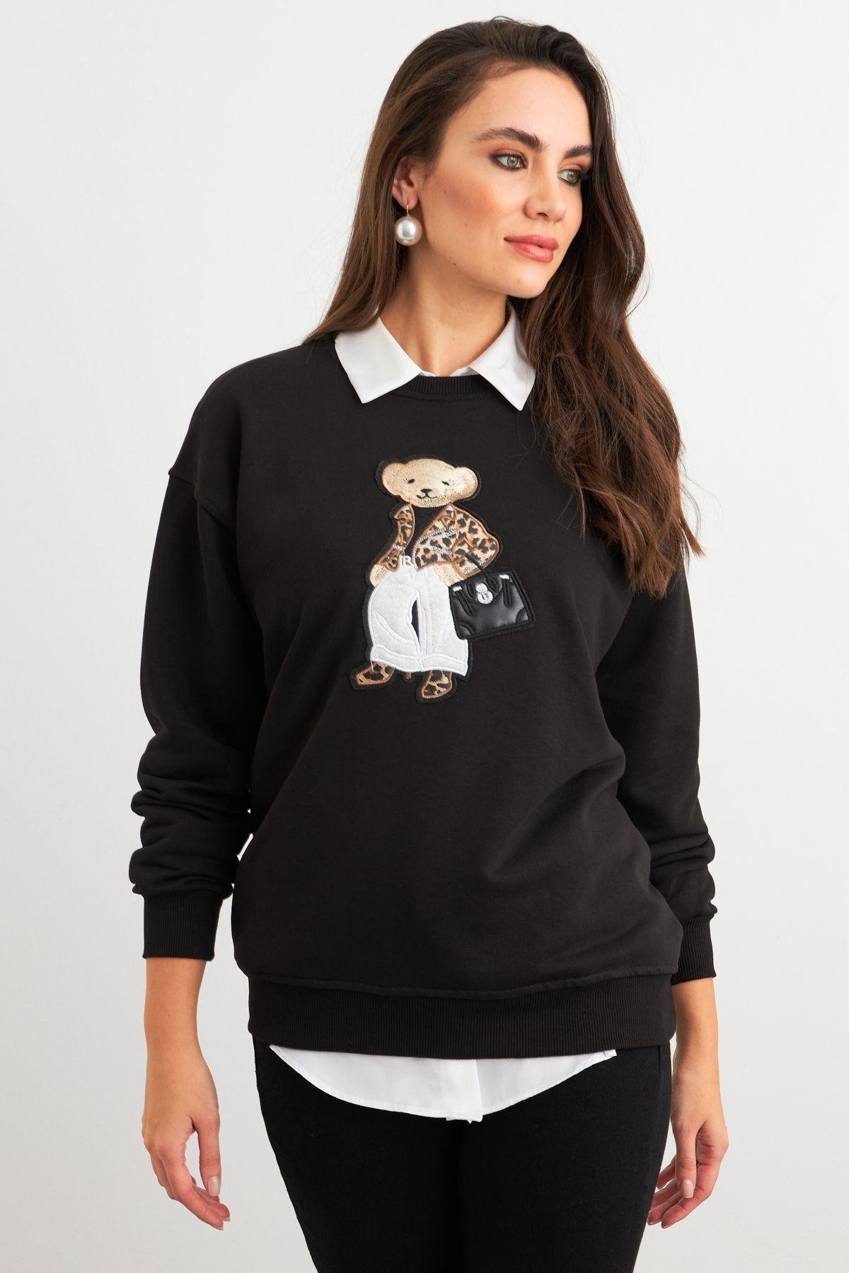 Kadın Siyah Ayıcık Nakışlı Sweatshirt PKA1590
