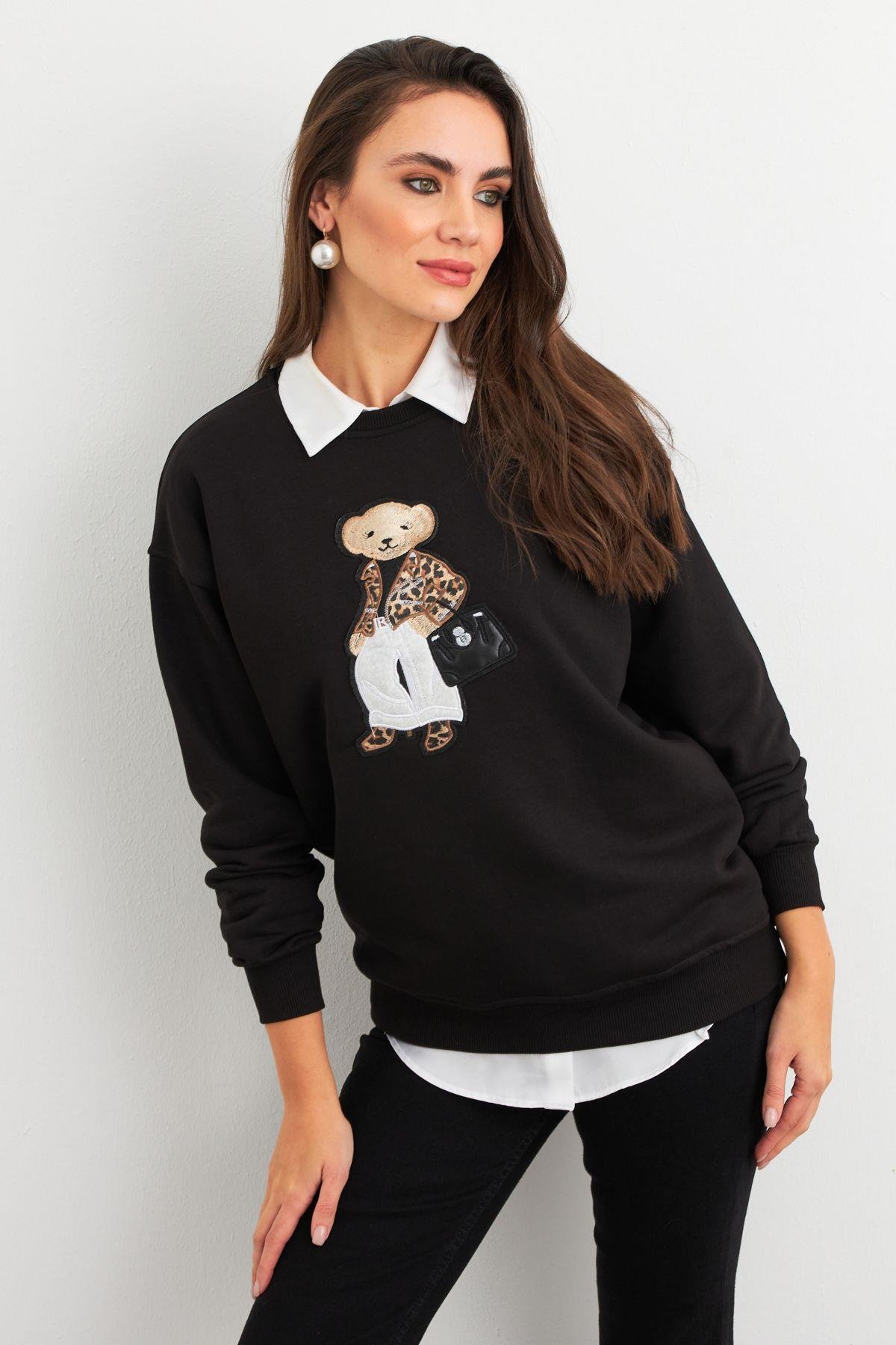 Kadın Siyah Ayıcık Nakışlı Sweatshirt PKA1590