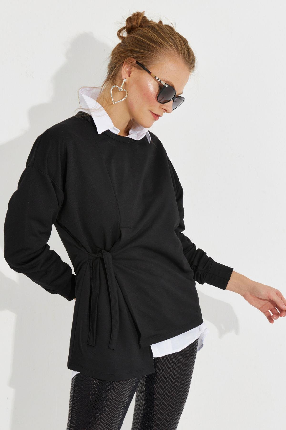 Kadın Siyah Bağlamalı Sweatshirt MYİ2493