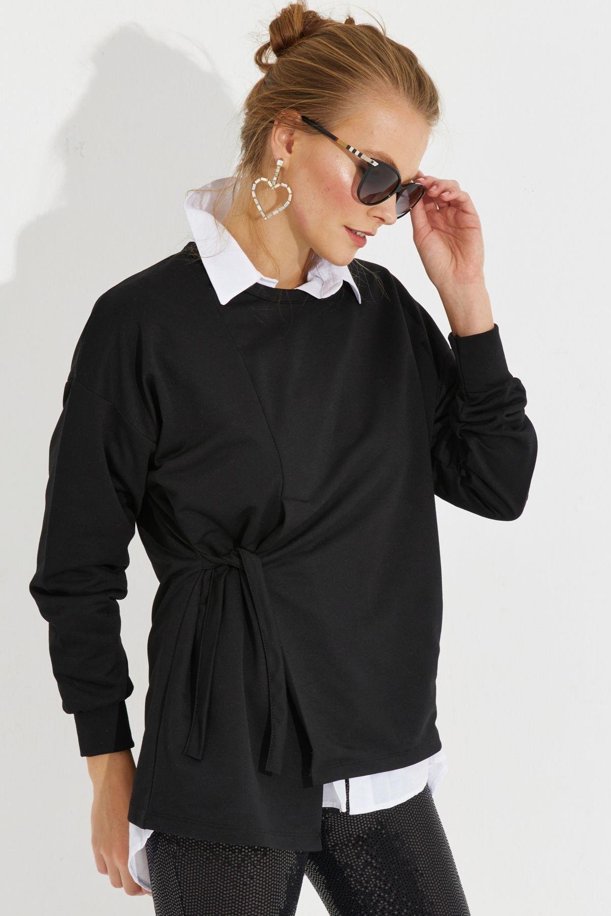 Kadın Siyah Bağlamalı Sweatshirt MYİ2493