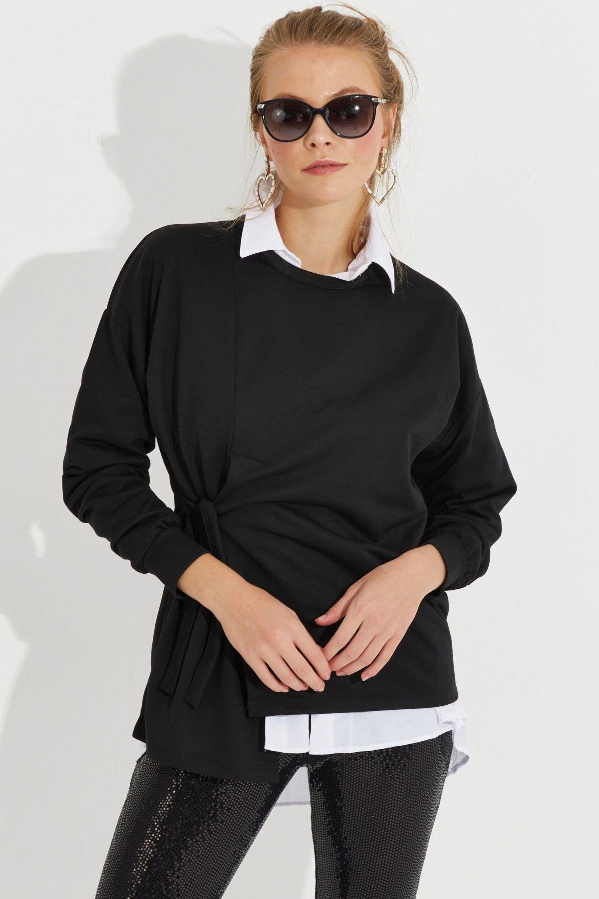 Kadın Siyah Bağlamalı Sweatshirt MYİ2493