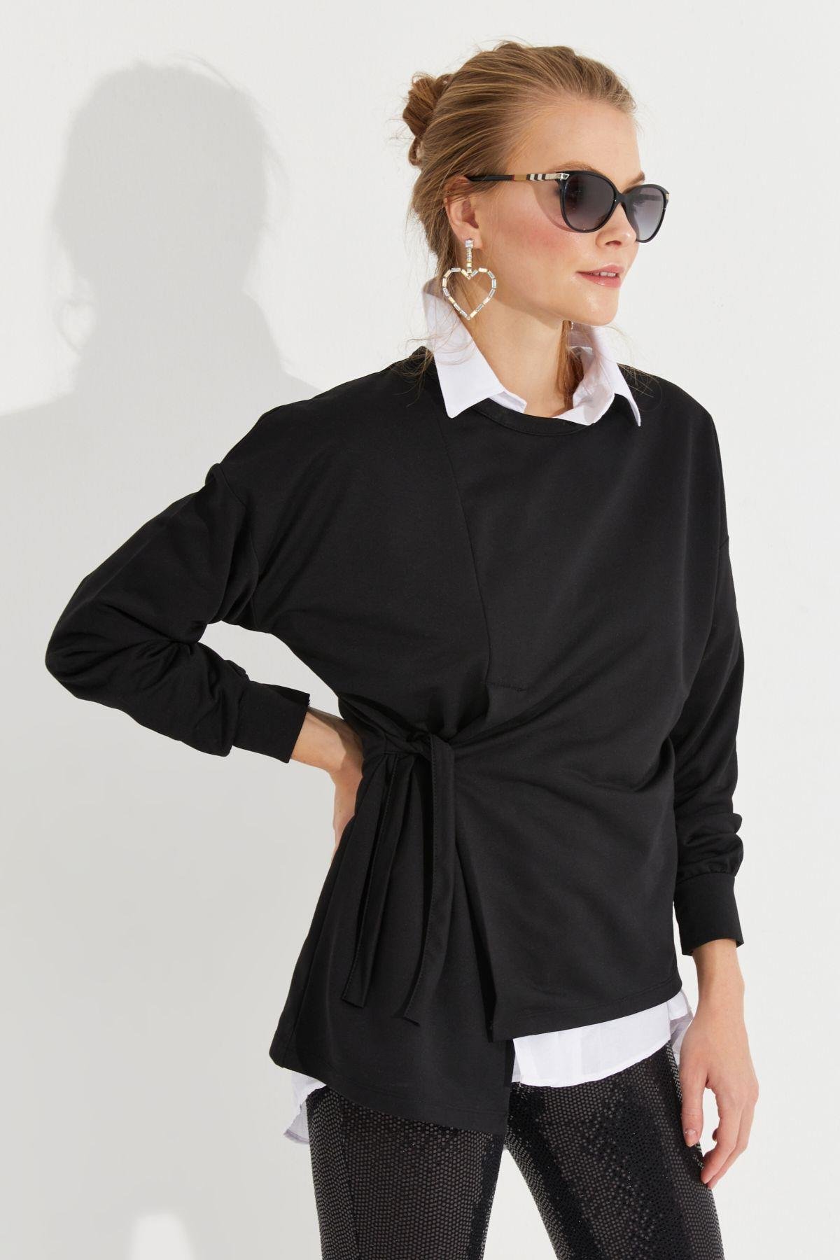 Kadın Siyah Bağlamalı Sweatshirt MYİ2493