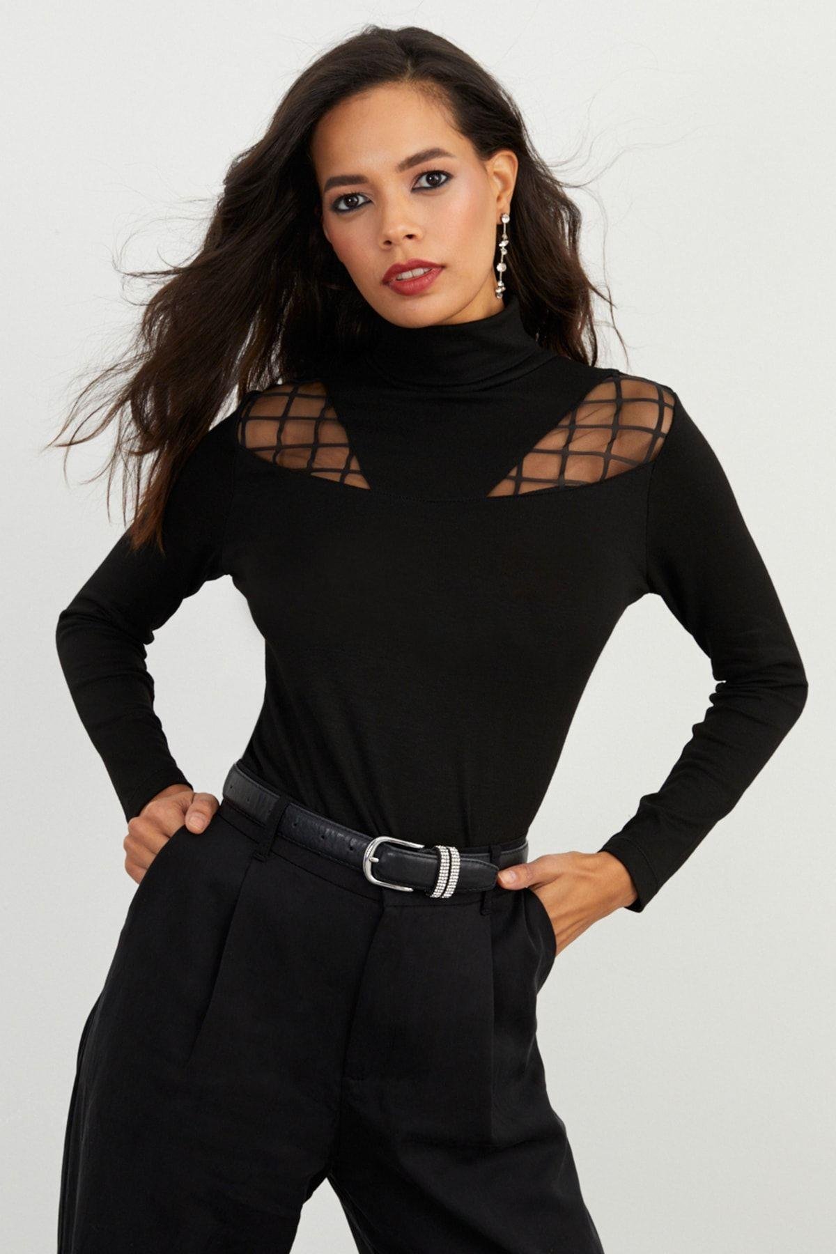 Kadın Siyah Balıkçı Bluz BK1548