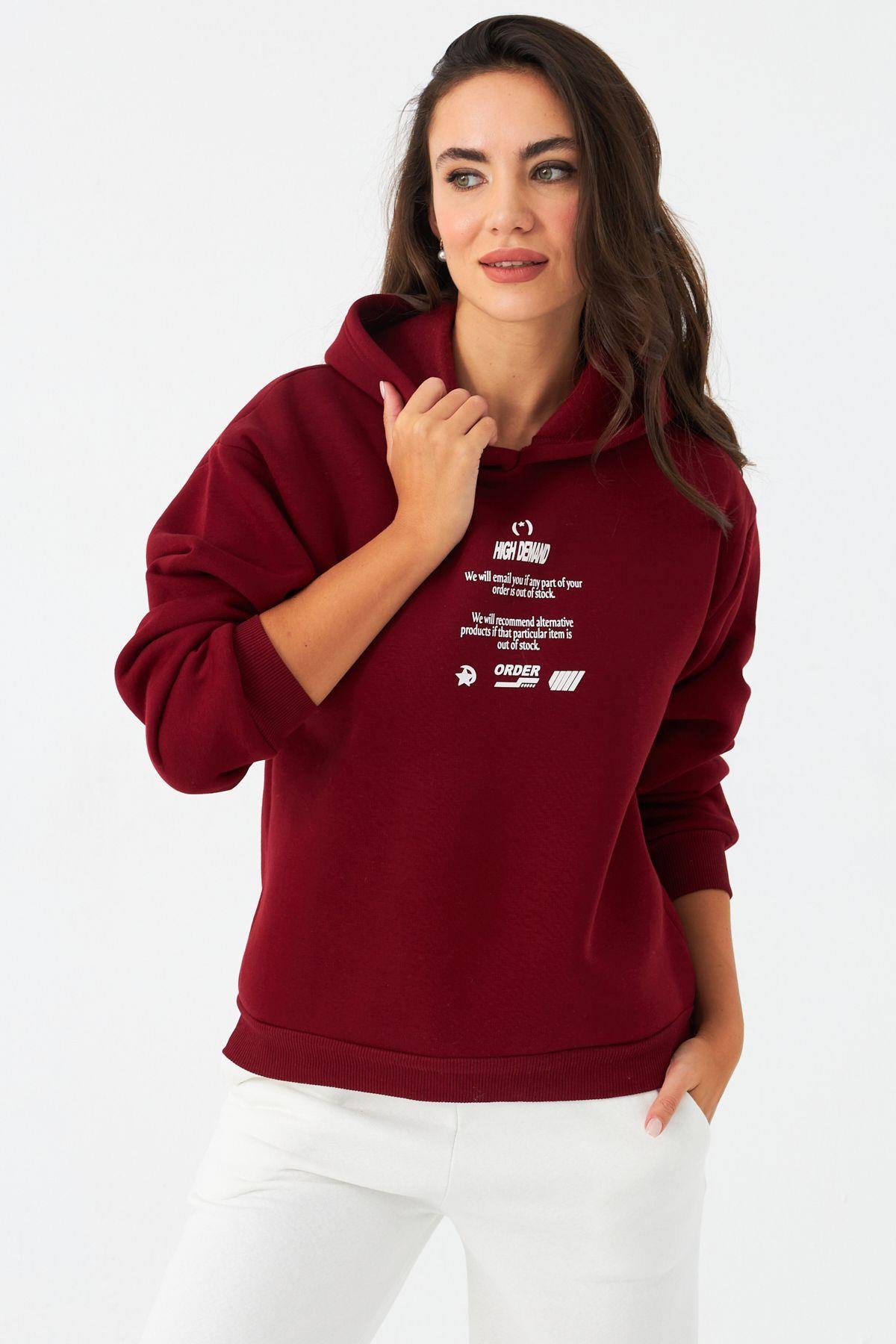 Kadın Siyah Baskılı Kapüşonlu Sweatshirt DY1451