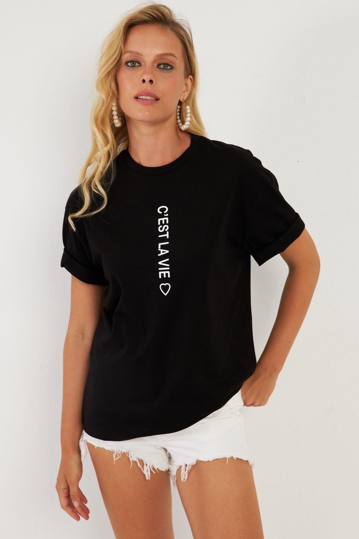 Kadın Siyah Baskılı T-Shirt AYD356