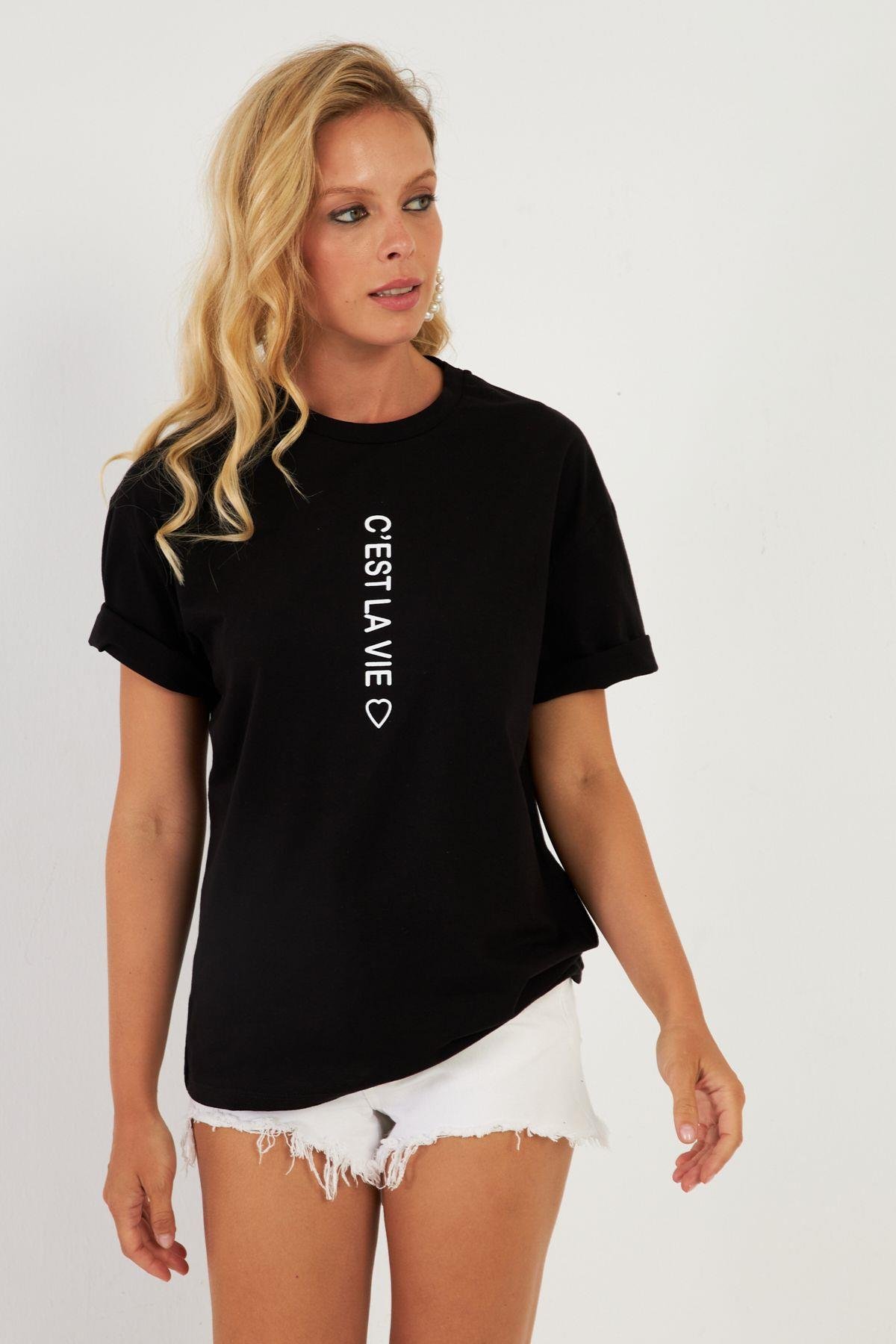 Kadın Siyah Baskılı T-Shirt AYD356