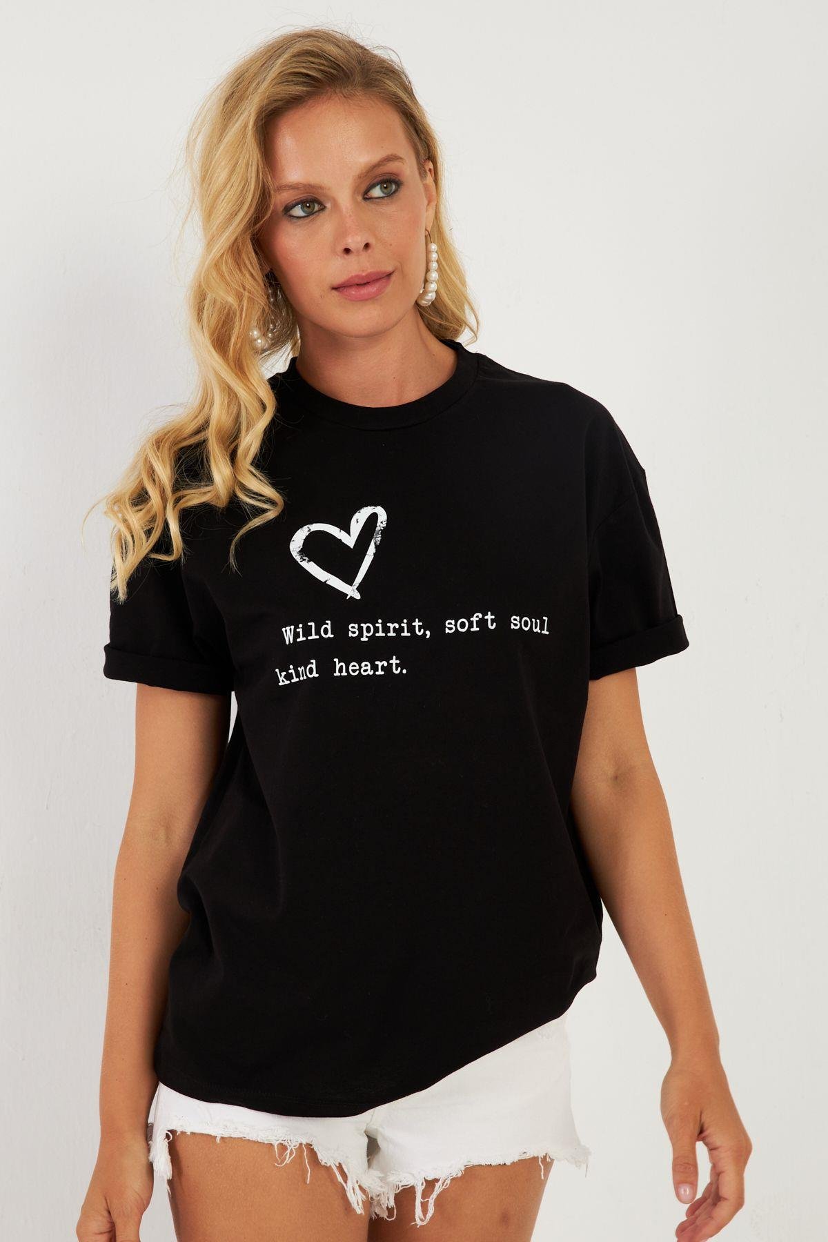 Kadın Siyah Baskılı T-Shirt AYD360
