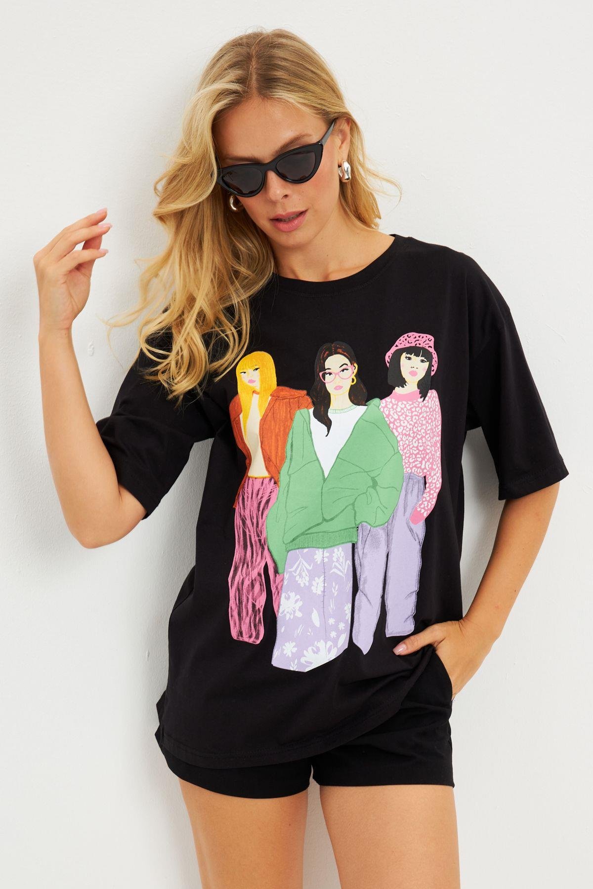 Kadın Siyah Baskılı T-Shirt DY1329