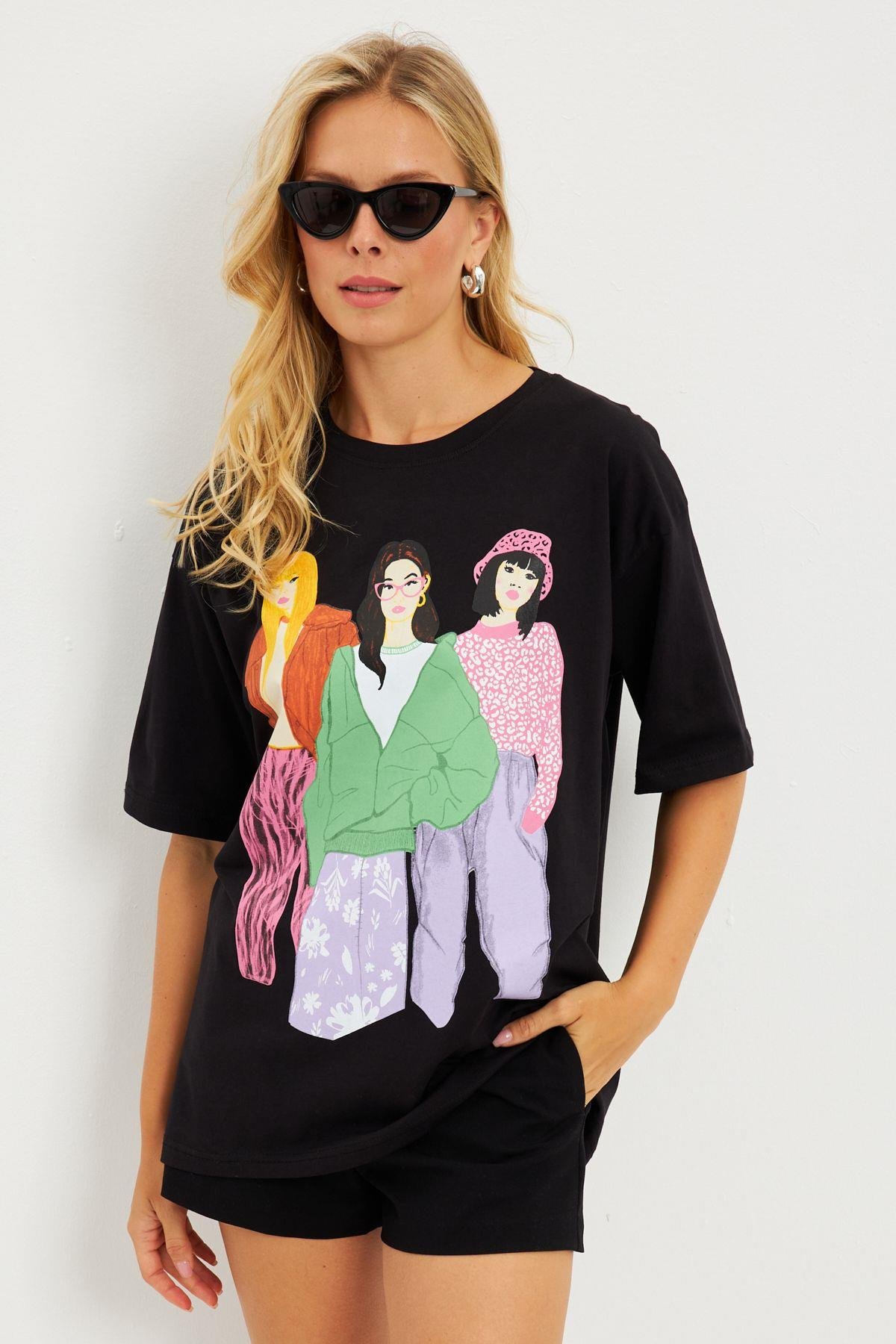 Kadın Siyah Baskılı T-Shirt DY1329