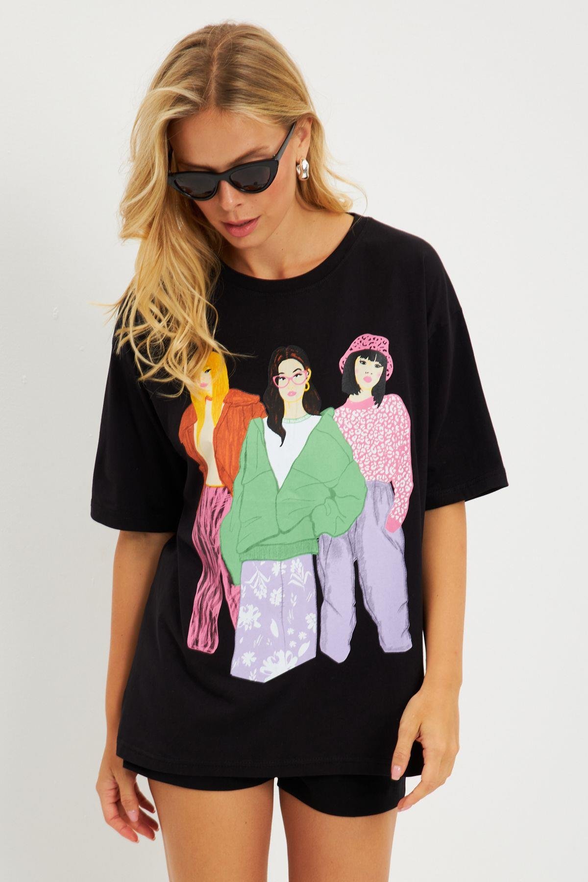 Kadın Siyah Baskılı T-Shirt DY1329