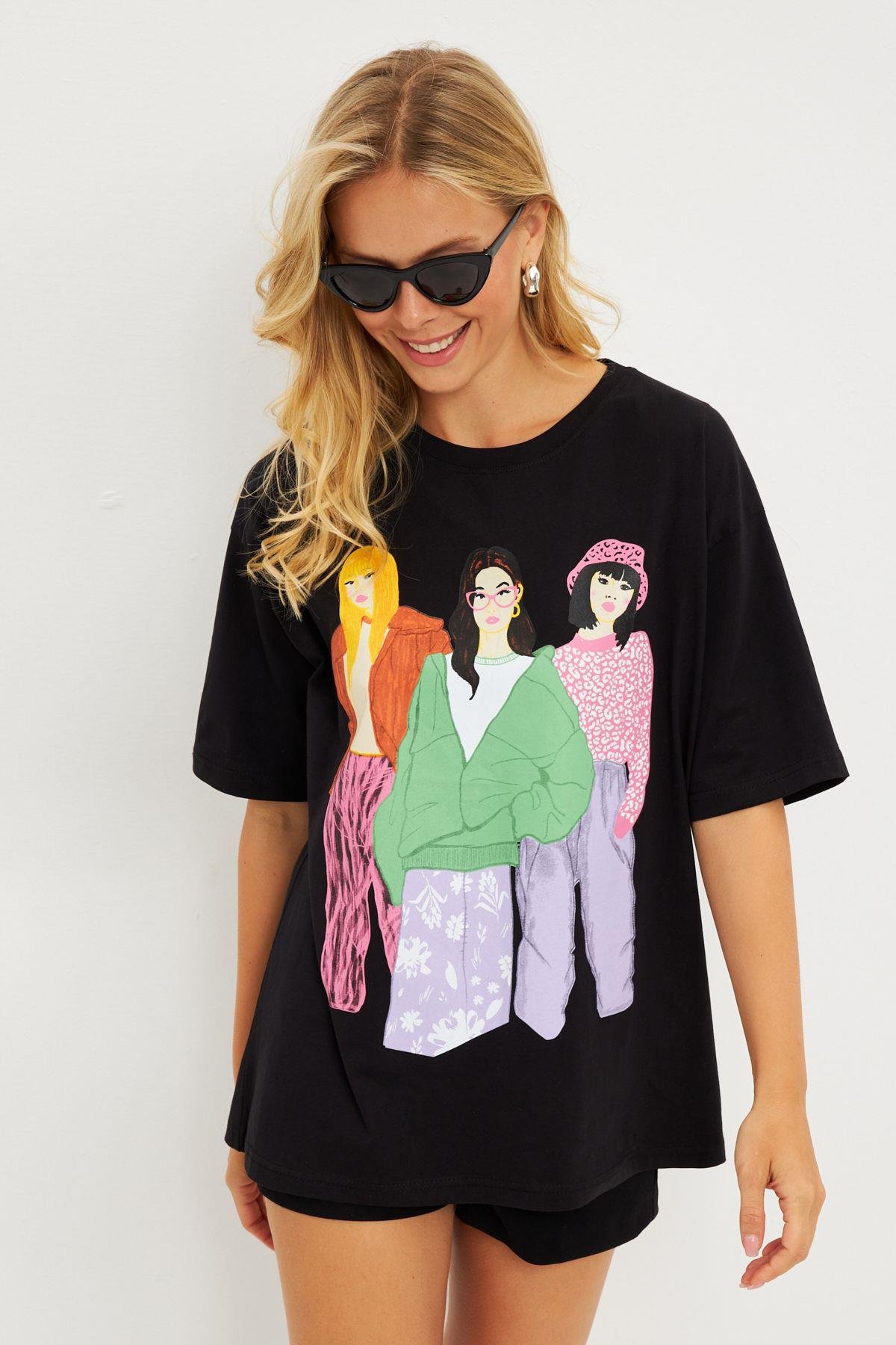 Kadın Siyah Baskılı T-Shirt DY1329