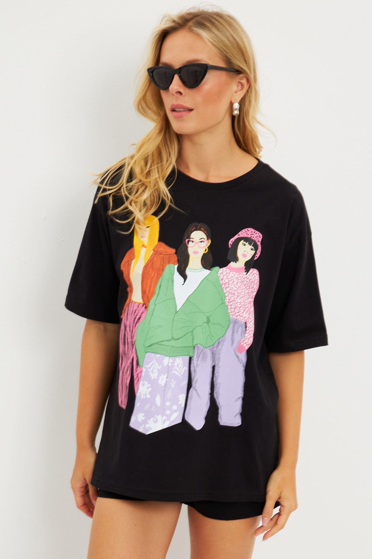 Kadın Siyah Baskılı T-Shirt DY1329