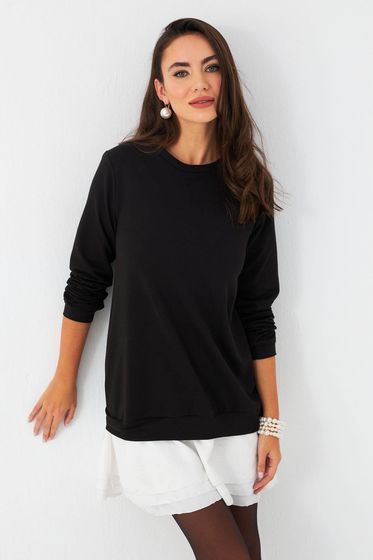 Kadın Siyah-Beyaz Leopar  Desenli Sweat Elbise B16