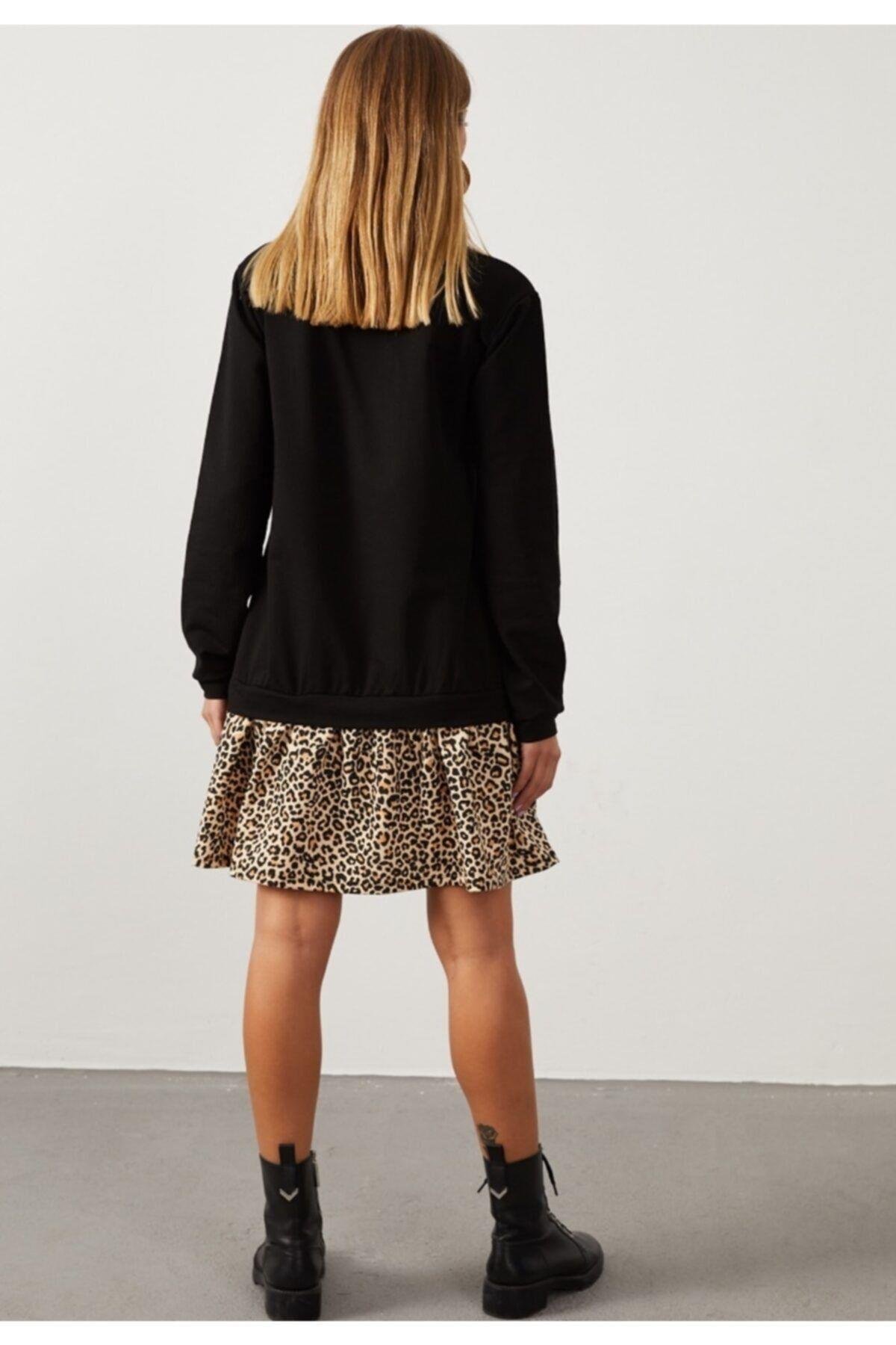 Kadın Siyah-Beyaz Leopar  Desenli Sweat Elbise B16