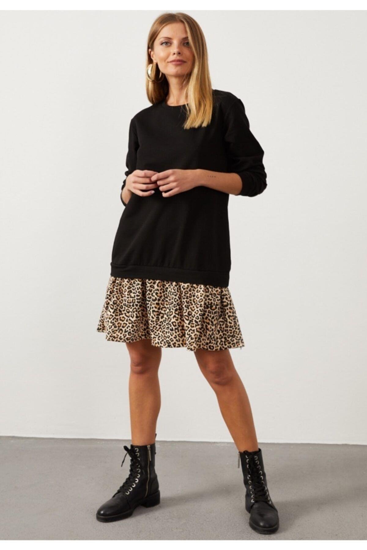 Kadın Siyah-Beyaz Leopar  Desenli Sweat Elbise B16