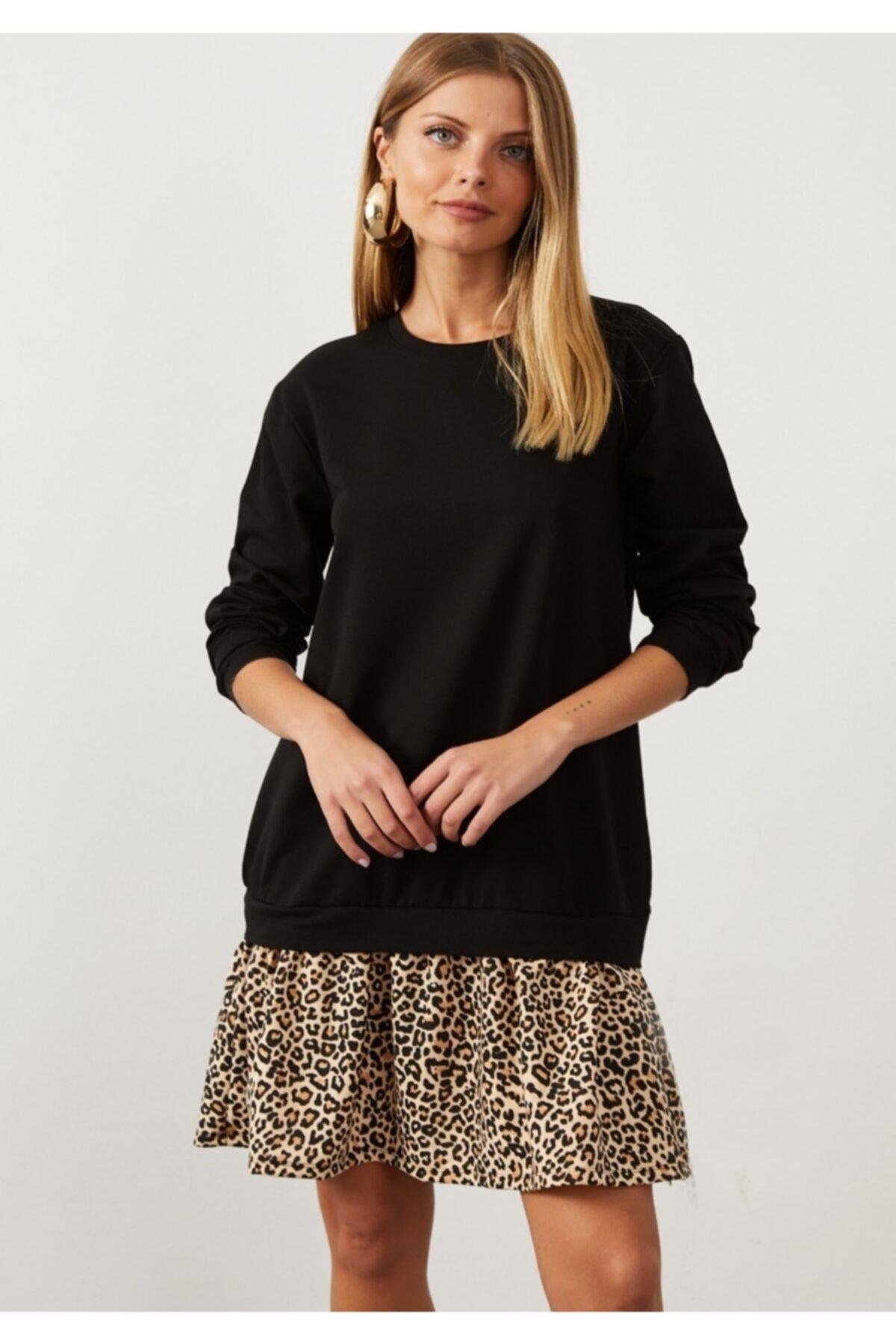 Kadın Siyah-Beyaz Leopar  Desenli Sweat Elbise B16
