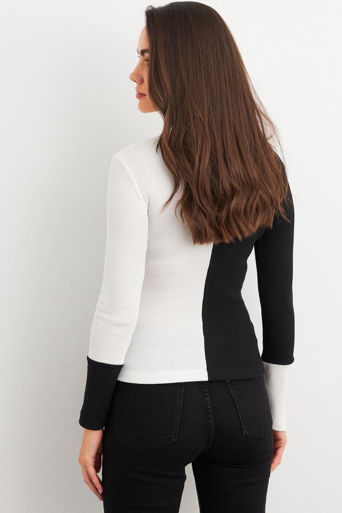 Kadın Siyah-Beyaz Renk Bloklu Kaşkorse Bluz MEY3033