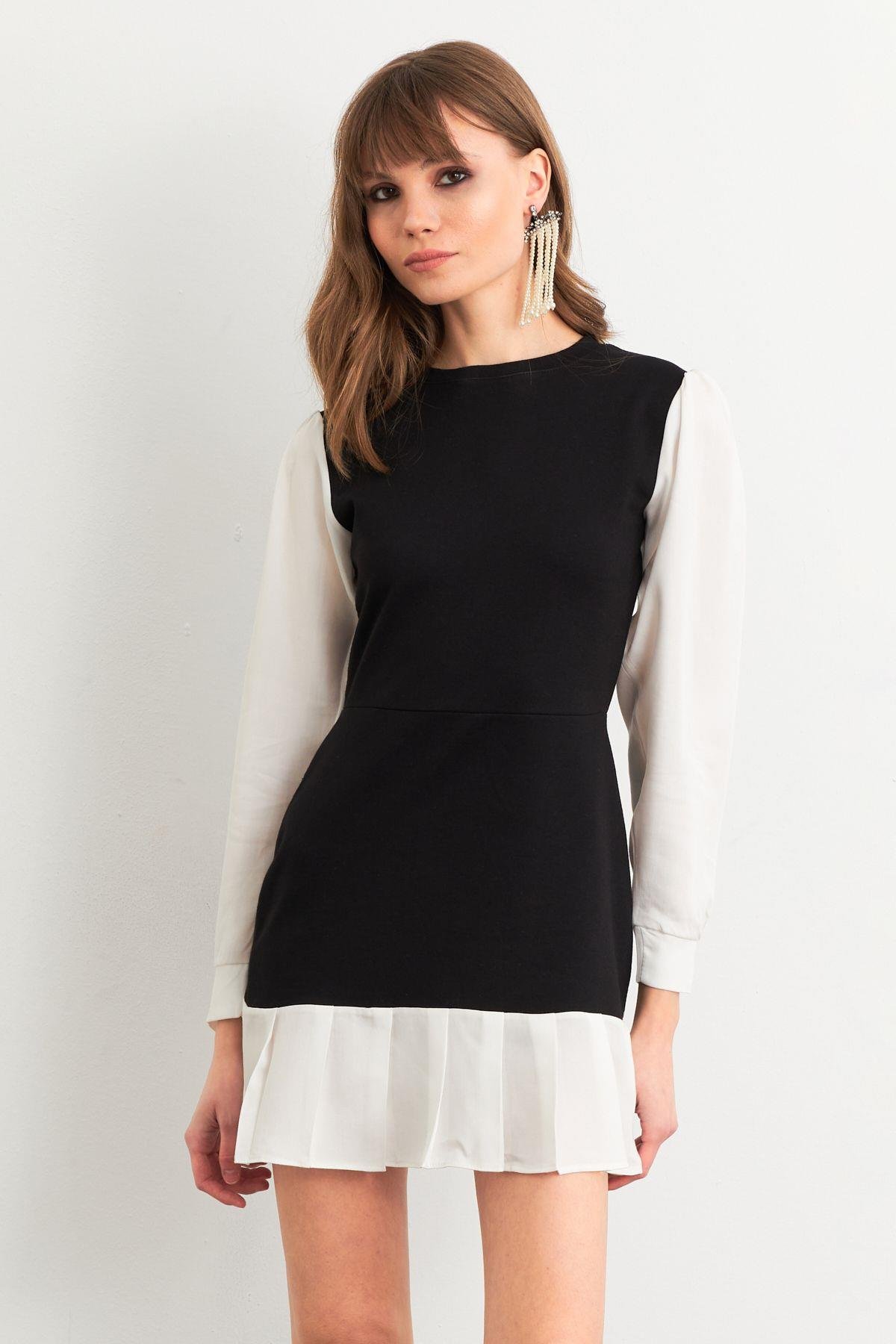 Kadın Siyah-Beyaz Renk Bloklu Mini Elbise HOR0052
