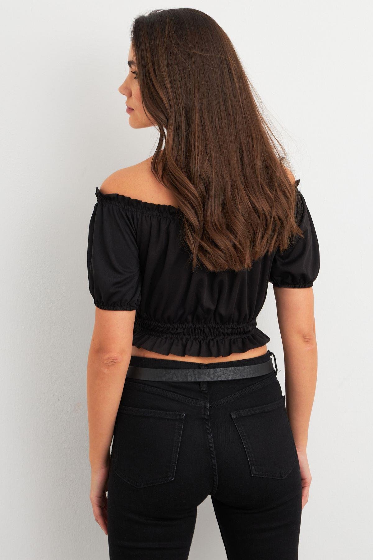 Kadın Siyah Büzgülü Crop Bluz ELT1680