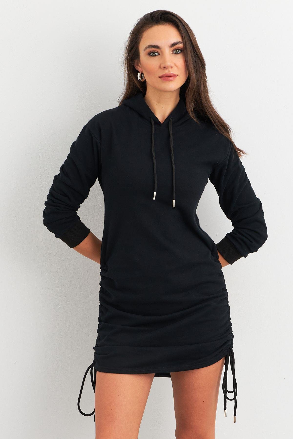Kadın Siyah Büzgülü Sweat Elbise XC8101