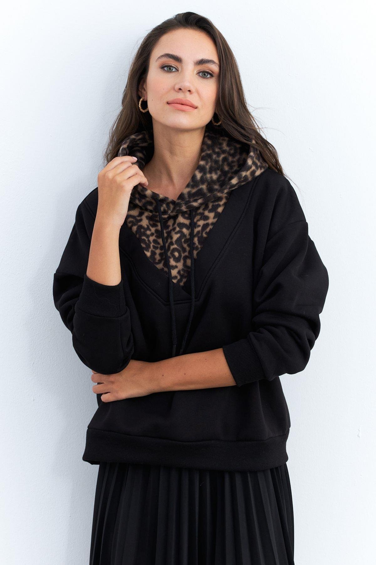 Kadın Siyah-Camel Leopar Bloklu Sweatshirt PP6415
