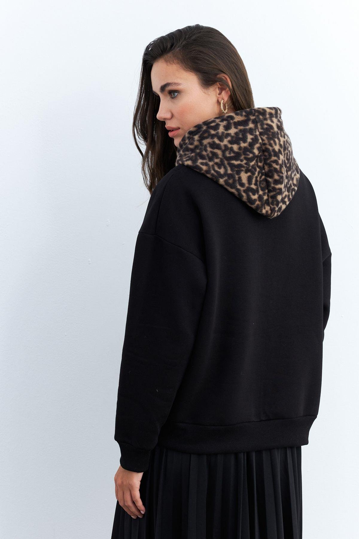 Kadın Siyah-Camel Leopar Bloklu Sweatshirt PP6415