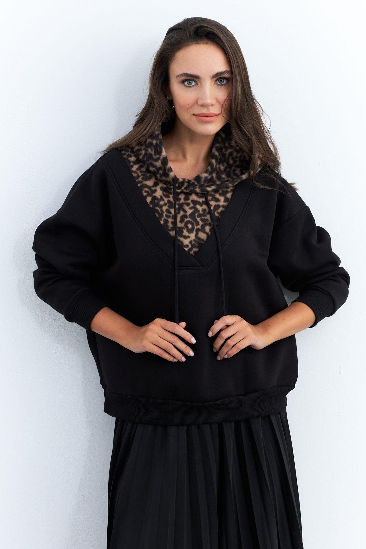 Kadın Siyah-Camel Leopar Bloklu Sweatshirt PP6415
