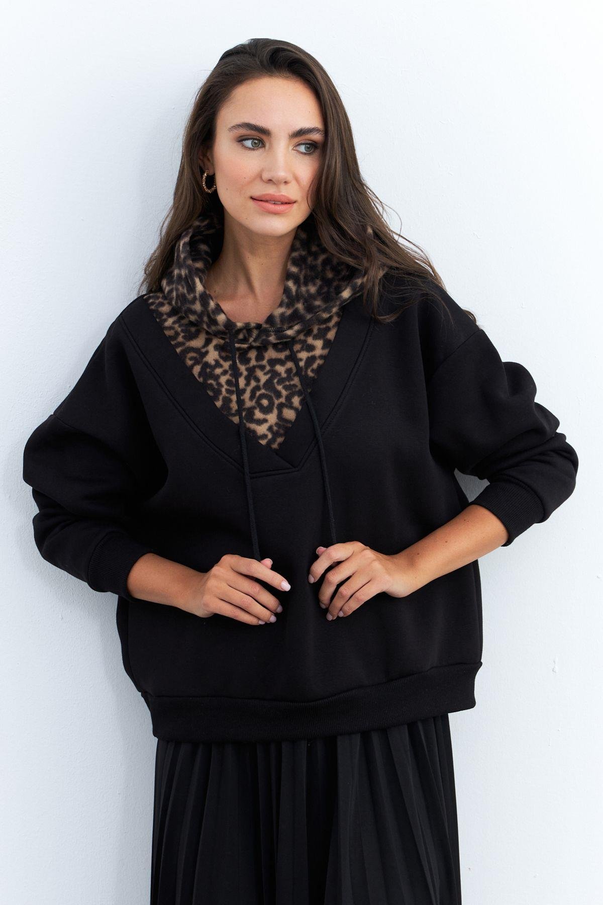 Kadın Siyah-Camel Leopar Bloklu Sweatshirt PP6415