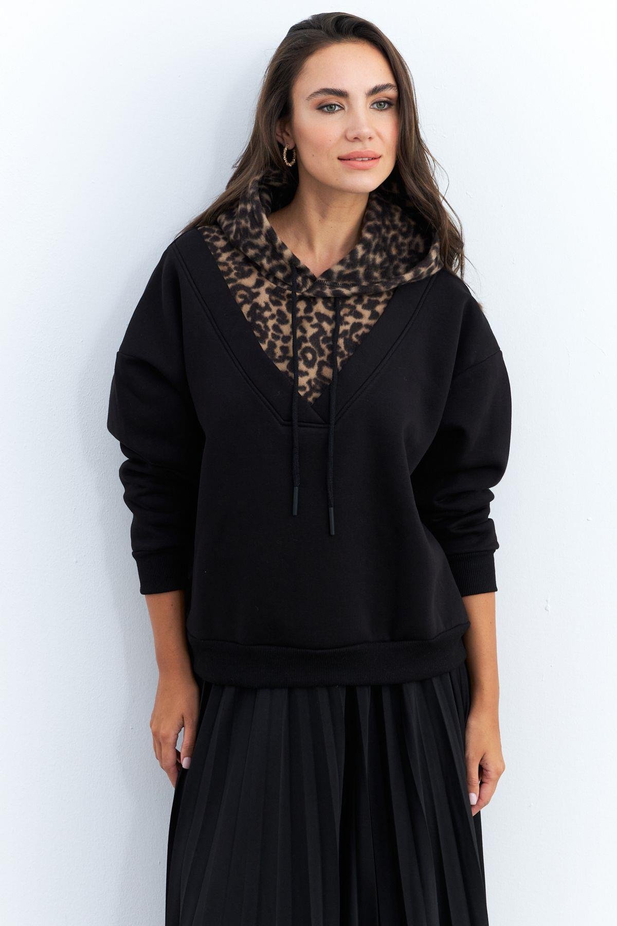 Kadın Siyah-Camel Leopar Bloklu Sweatshirt PP6415