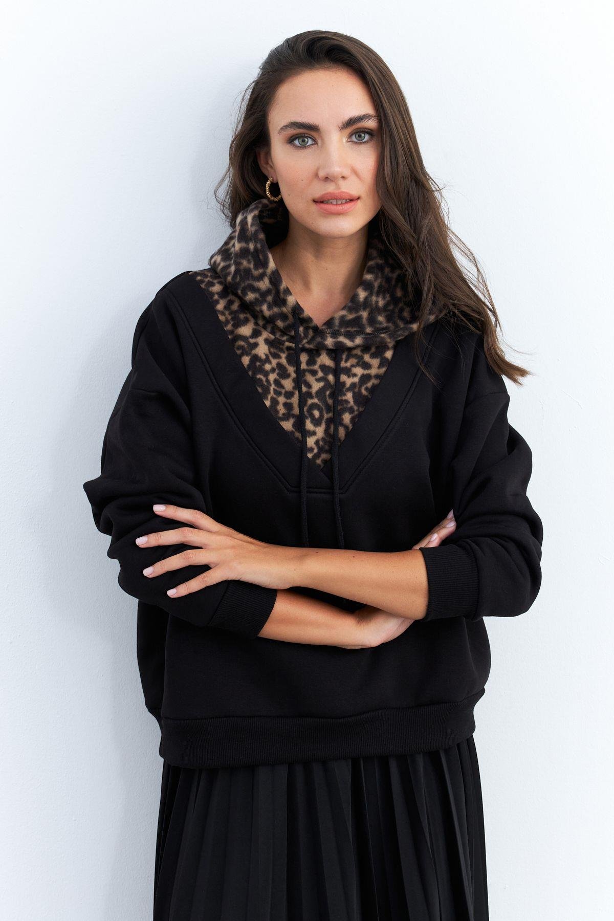 Kadın Siyah-Camel Leopar Bloklu Sweatshirt PP6415