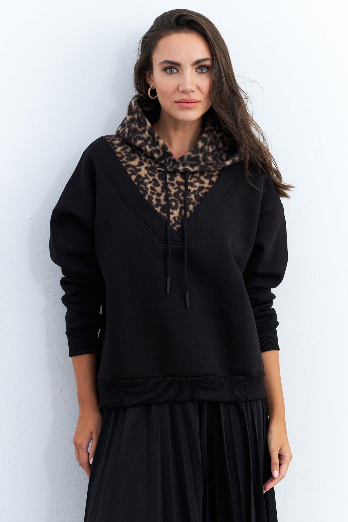 Kadın Siyah-Camel Leopar Bloklu Sweatshirt PP6415