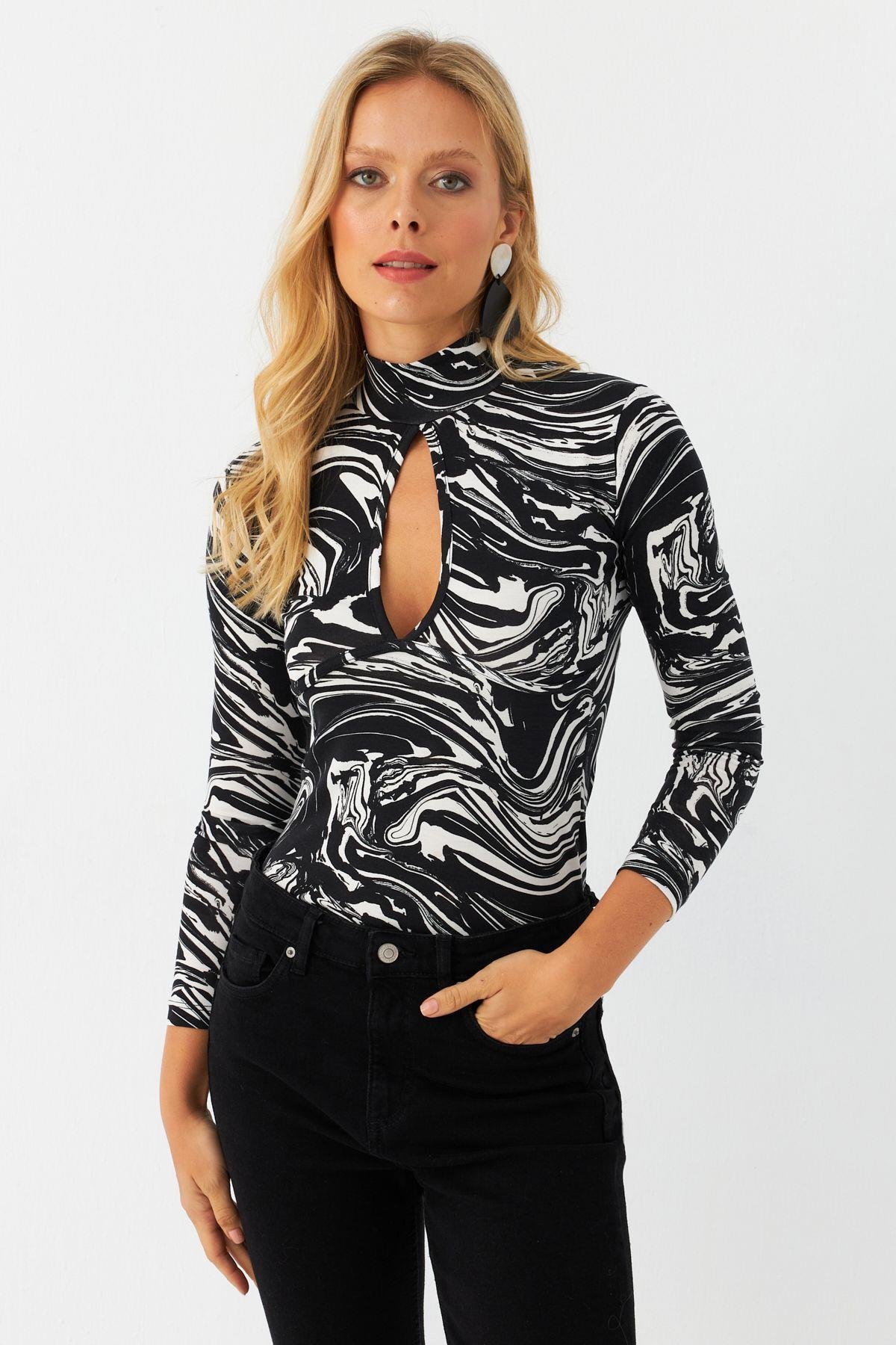 Kadın Siyah-Camel Önü Damla Desenli Bluz LPP1236